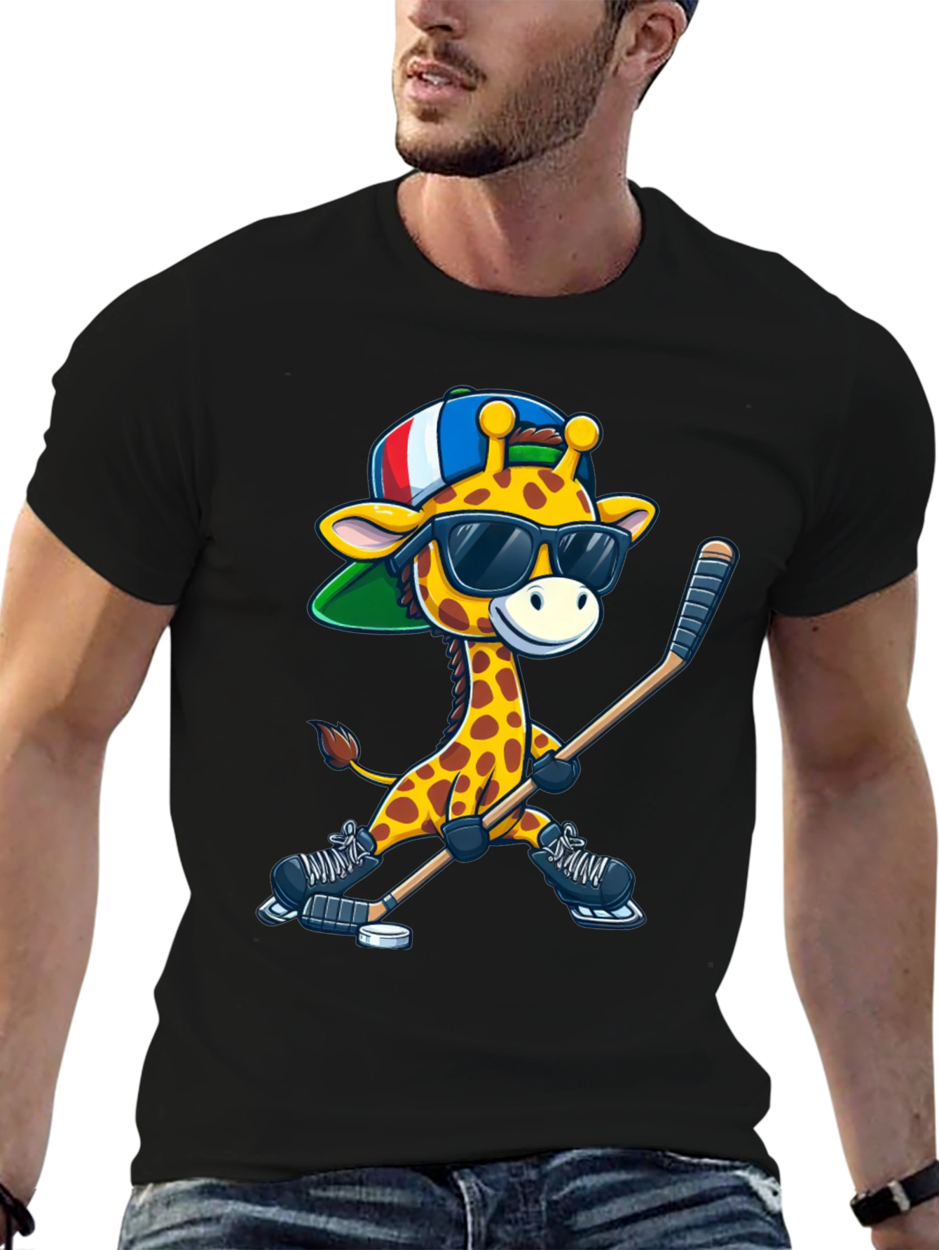 Black Giraffe Hockey Player Graphic Tee view 6
