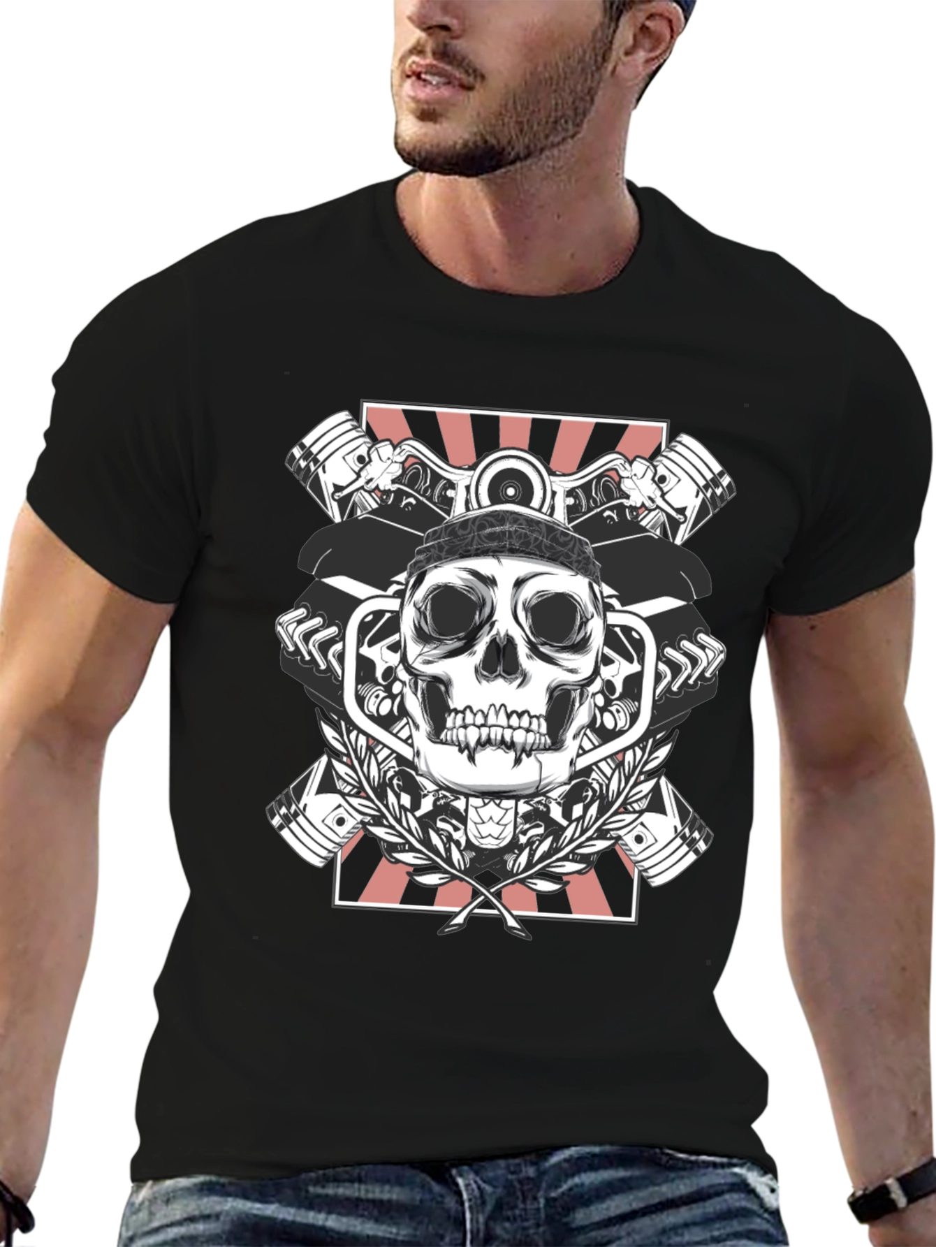 Black Skull & Pistons Graphic Tee - Black view 6