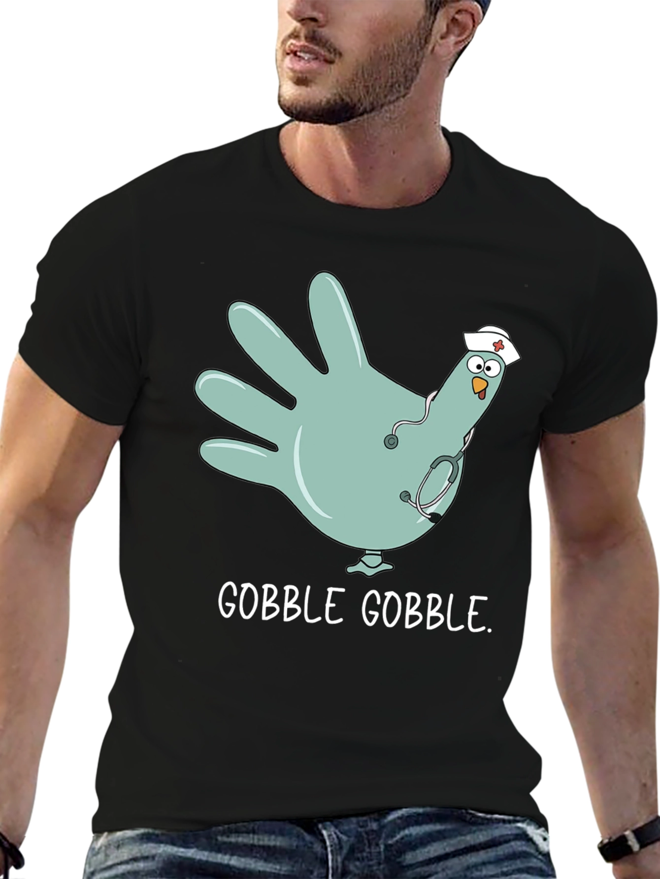 Black Gobble Gobble Nurse Turkey Hand T-Shirt view 6