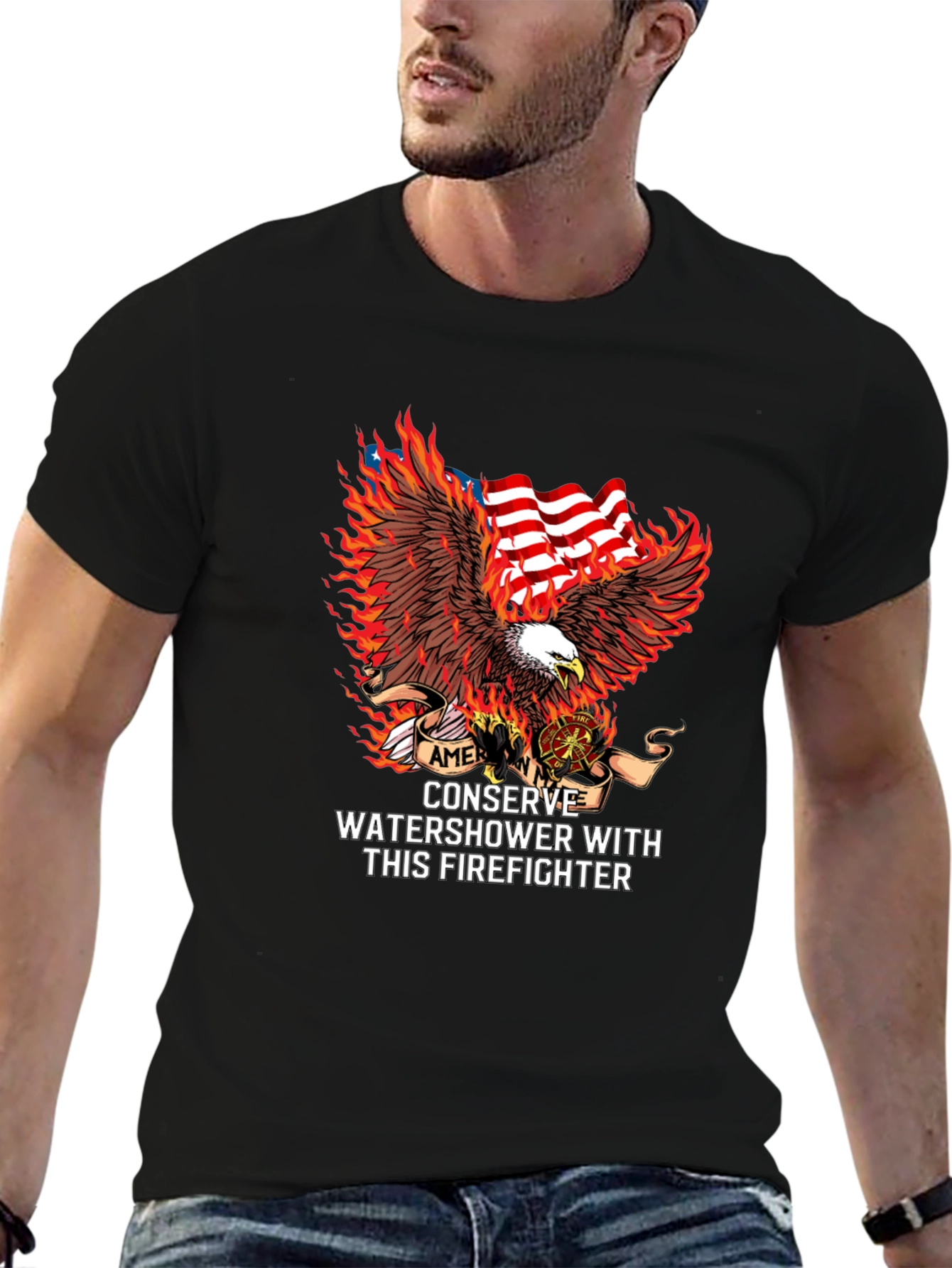 Black American Firefighter Eagle Graphic Tee view 6