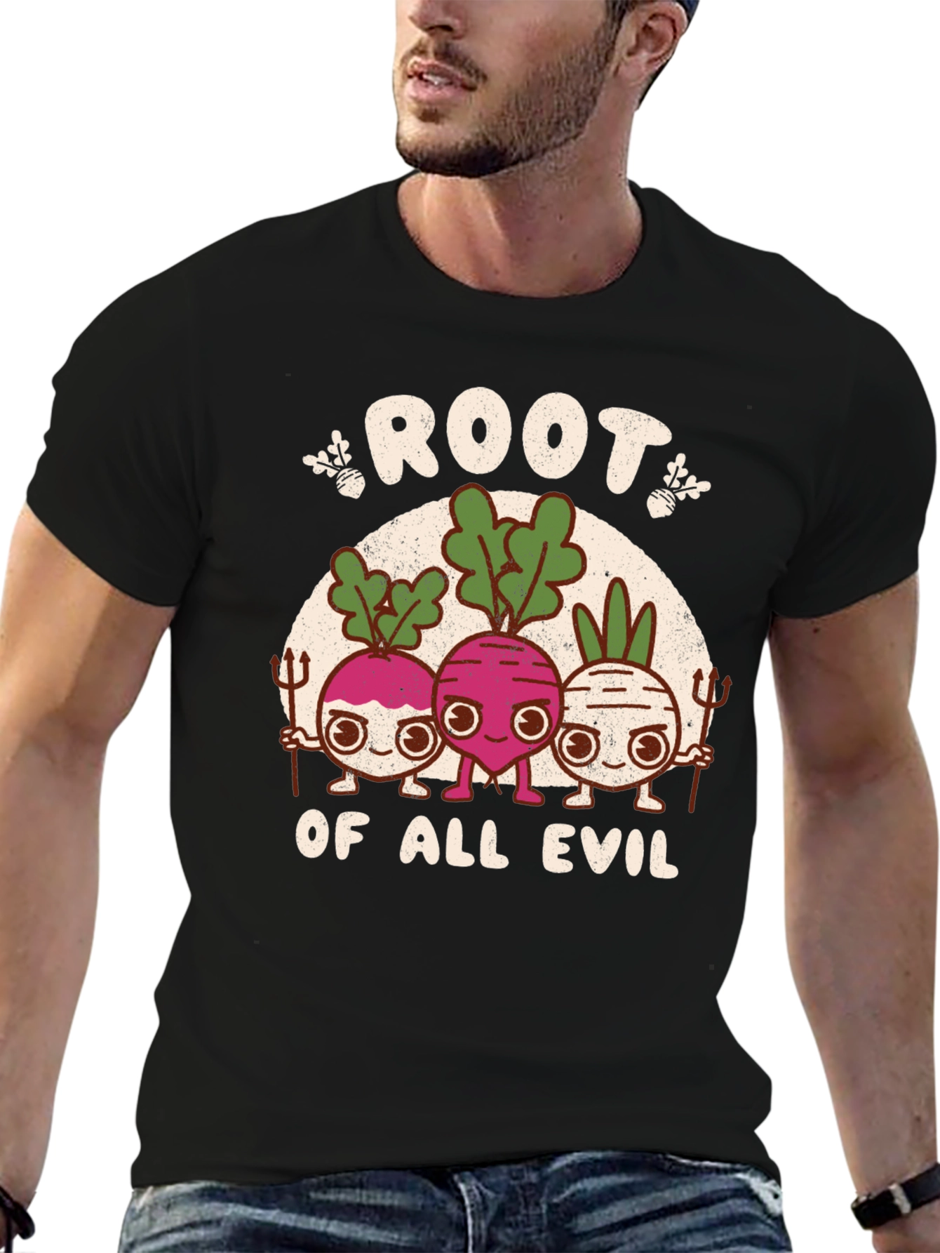 Black Root of All Evil Graphic T-Shirt - Funny Vegetable Tee view 6