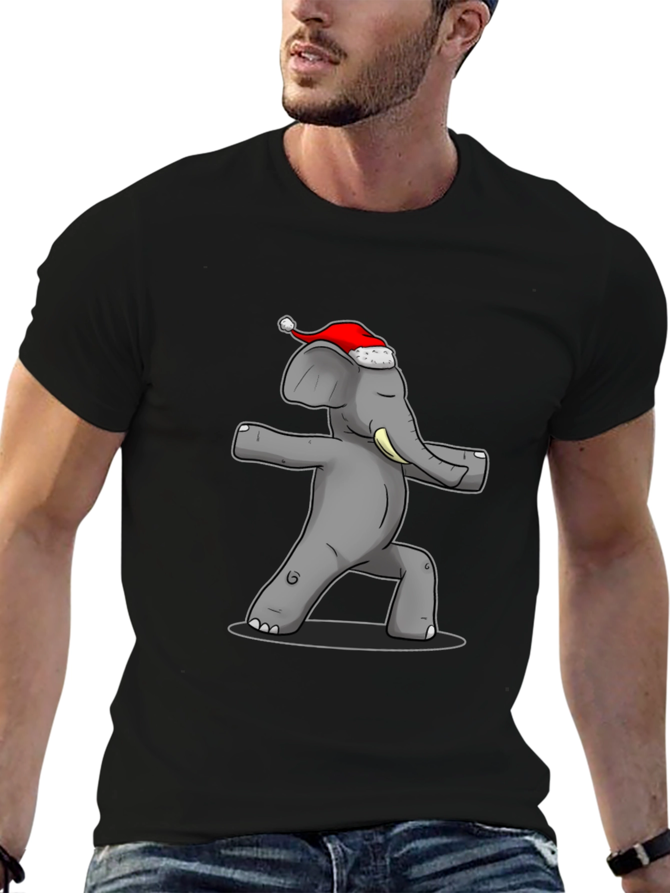Black Yoga Elephant Santa Hat T-Shirt view 6