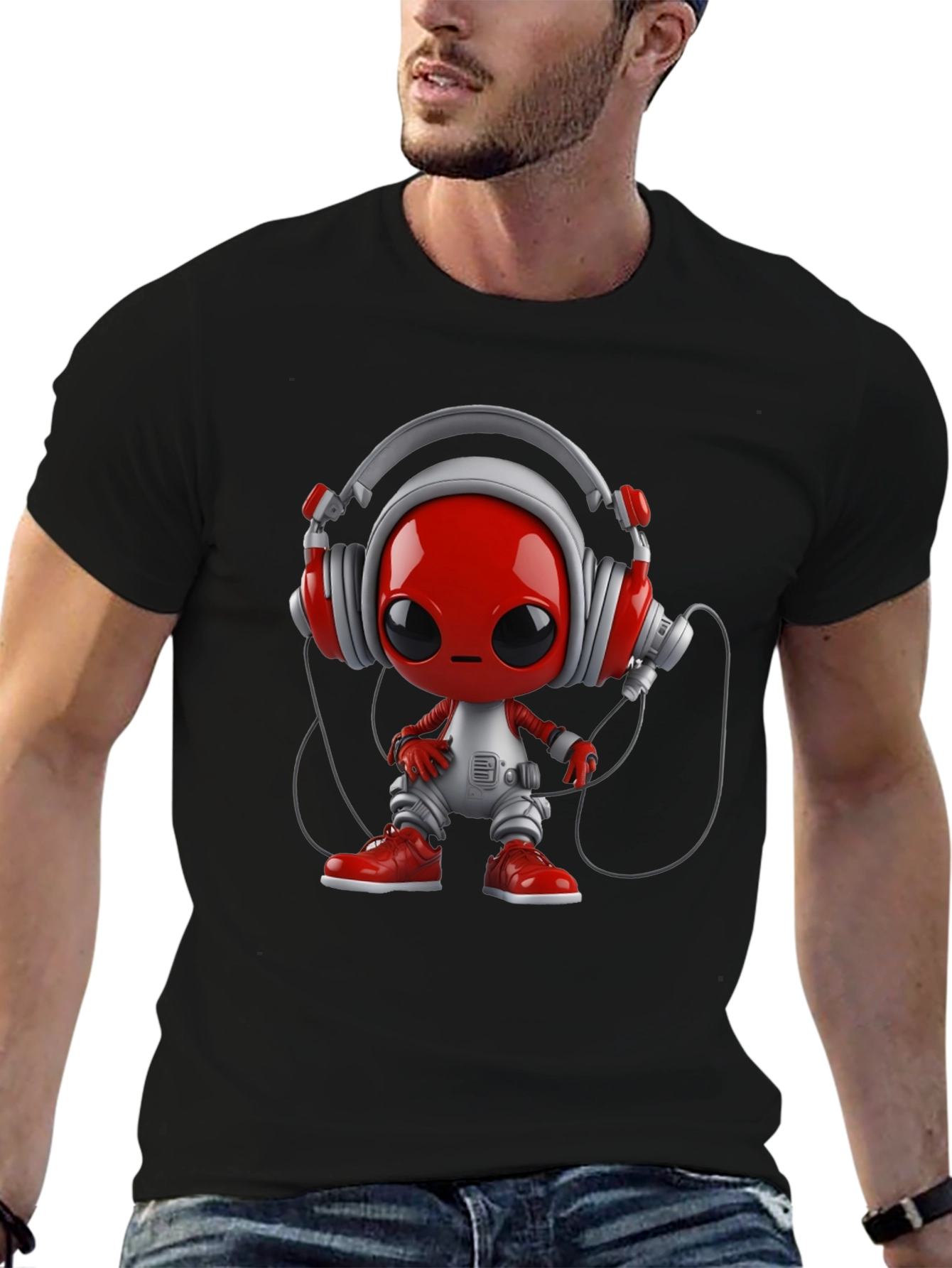 Black Stylish Black T-Shirt with Alien DJ Graphic view 6