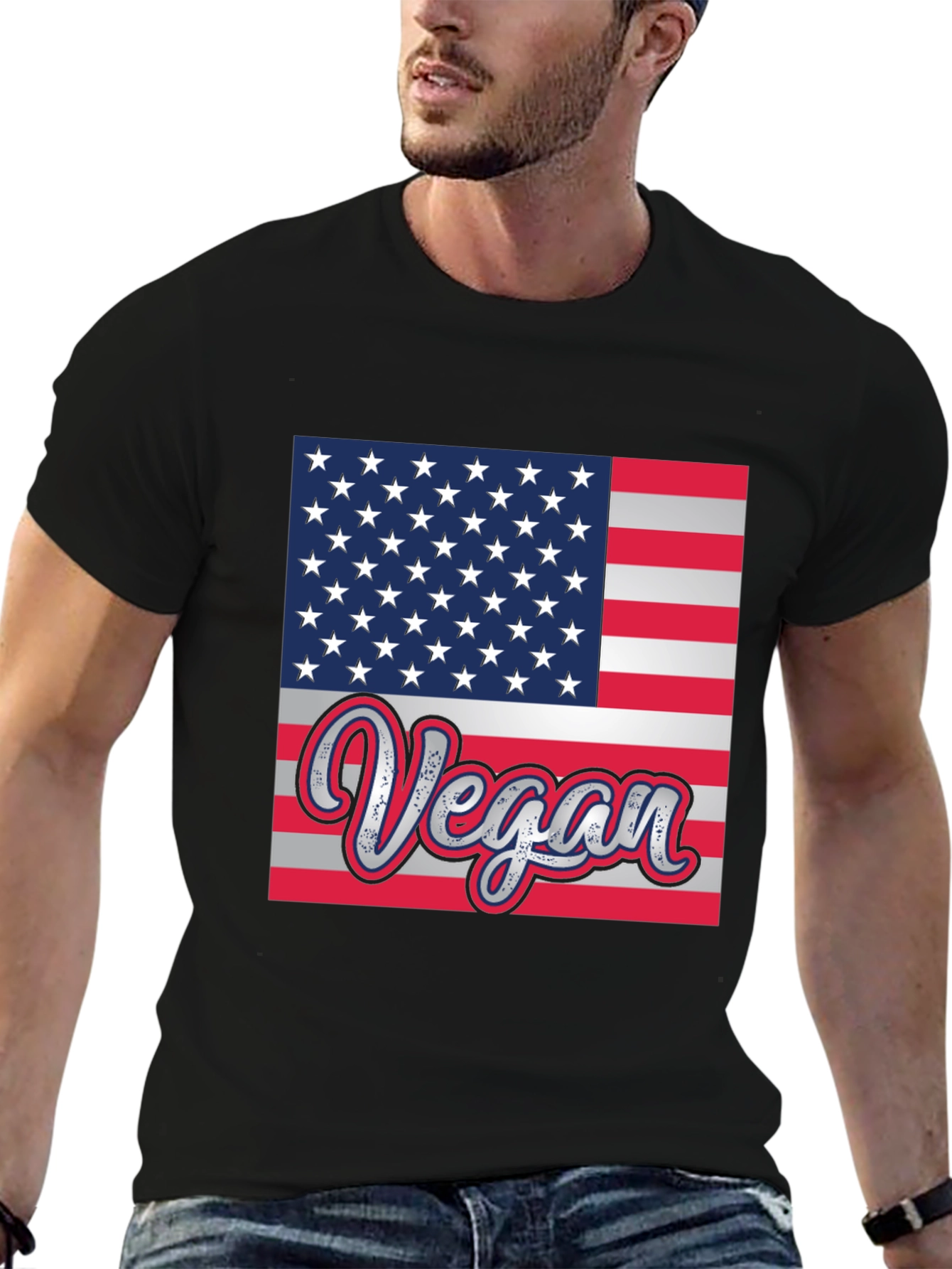Black Vegan American Flag Graphic T-Shirt view 6