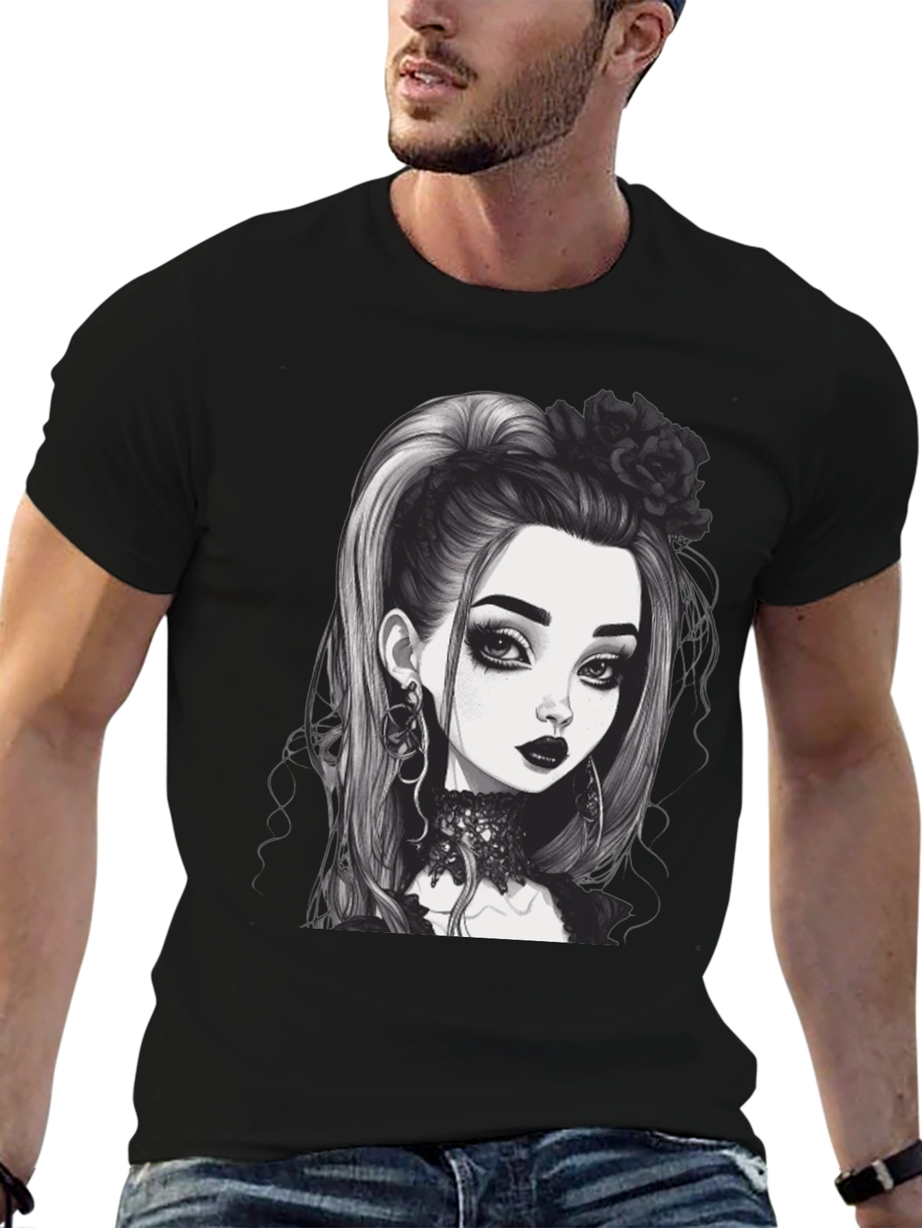 Black Gothic Girl Graphic Tee - Black Cotton T-Shirt view 6