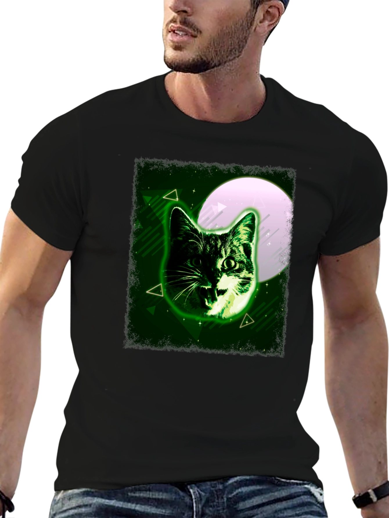 Black Green Cat Graphic Tee - Moonlit Feline Design view 6