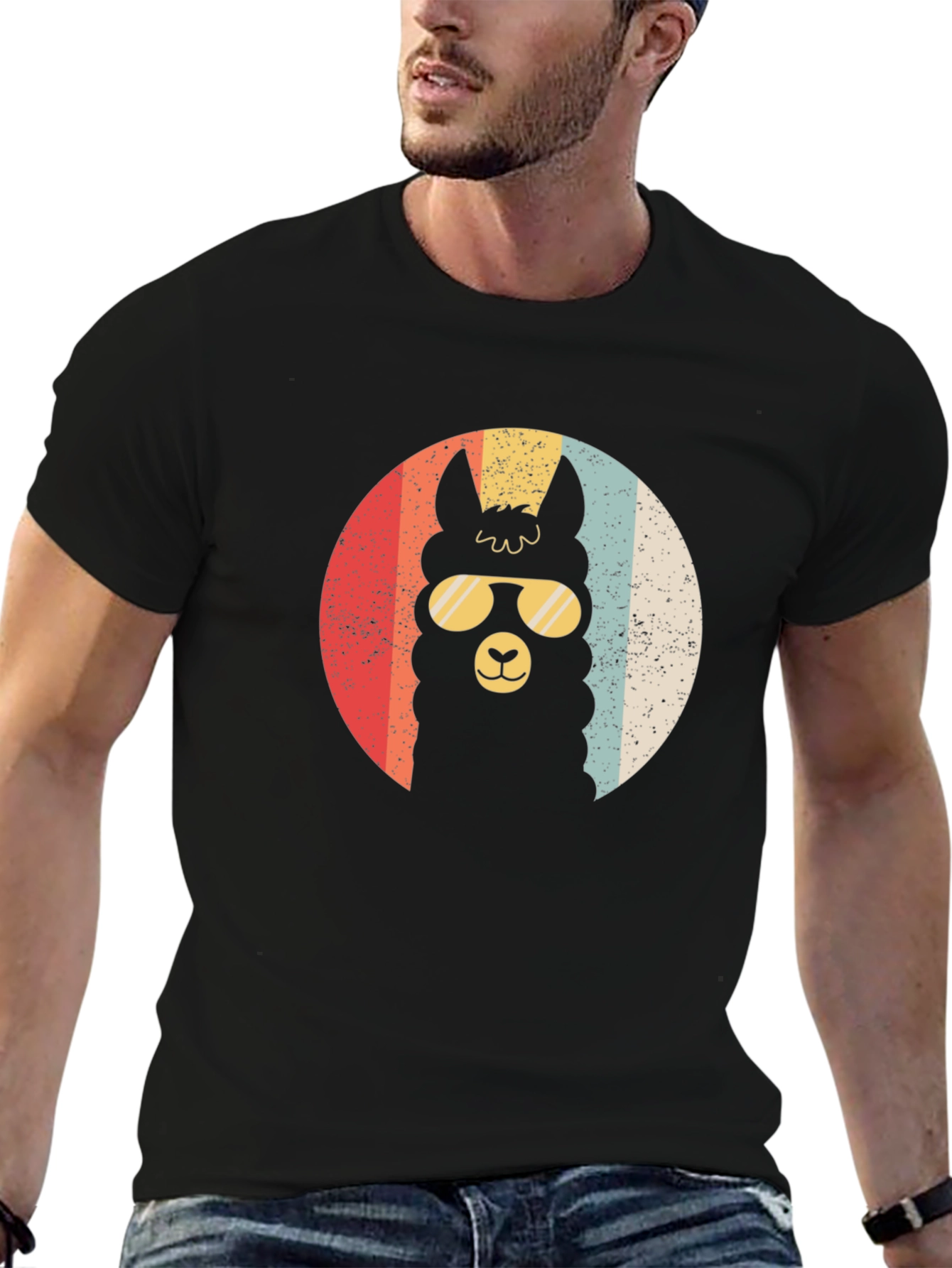 Black Retro Llama T-Shirt - Cool Alpaca in Sunglasses view 6