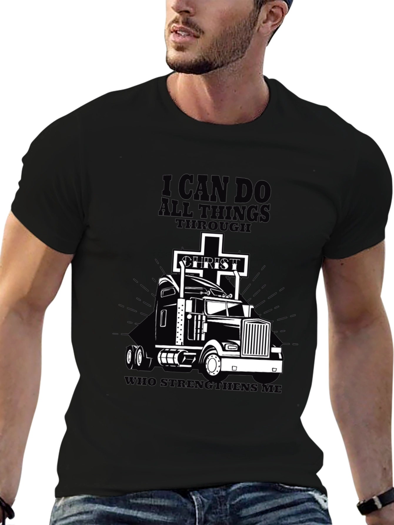 Black I Can Do All Things Trucker T-Shirt view 6