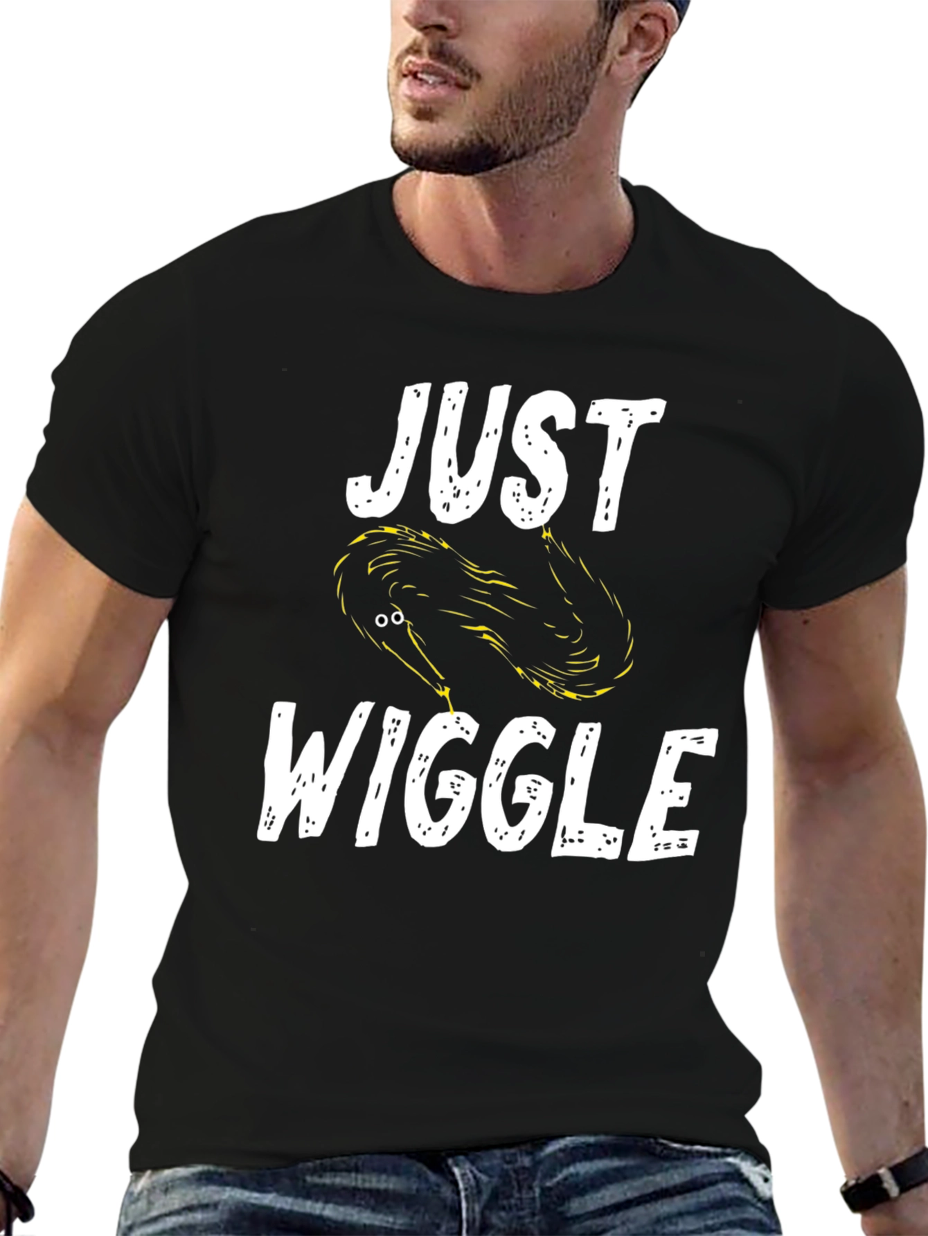Black Just Wiggle T-Shirt - Funny Worm Design view 6
