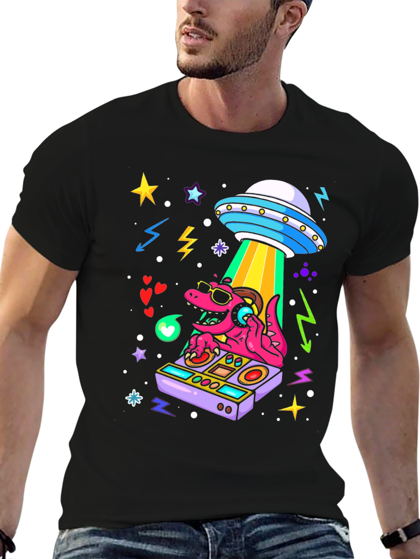 Black DJ Dino Alien Abduction T-Shirt view 6