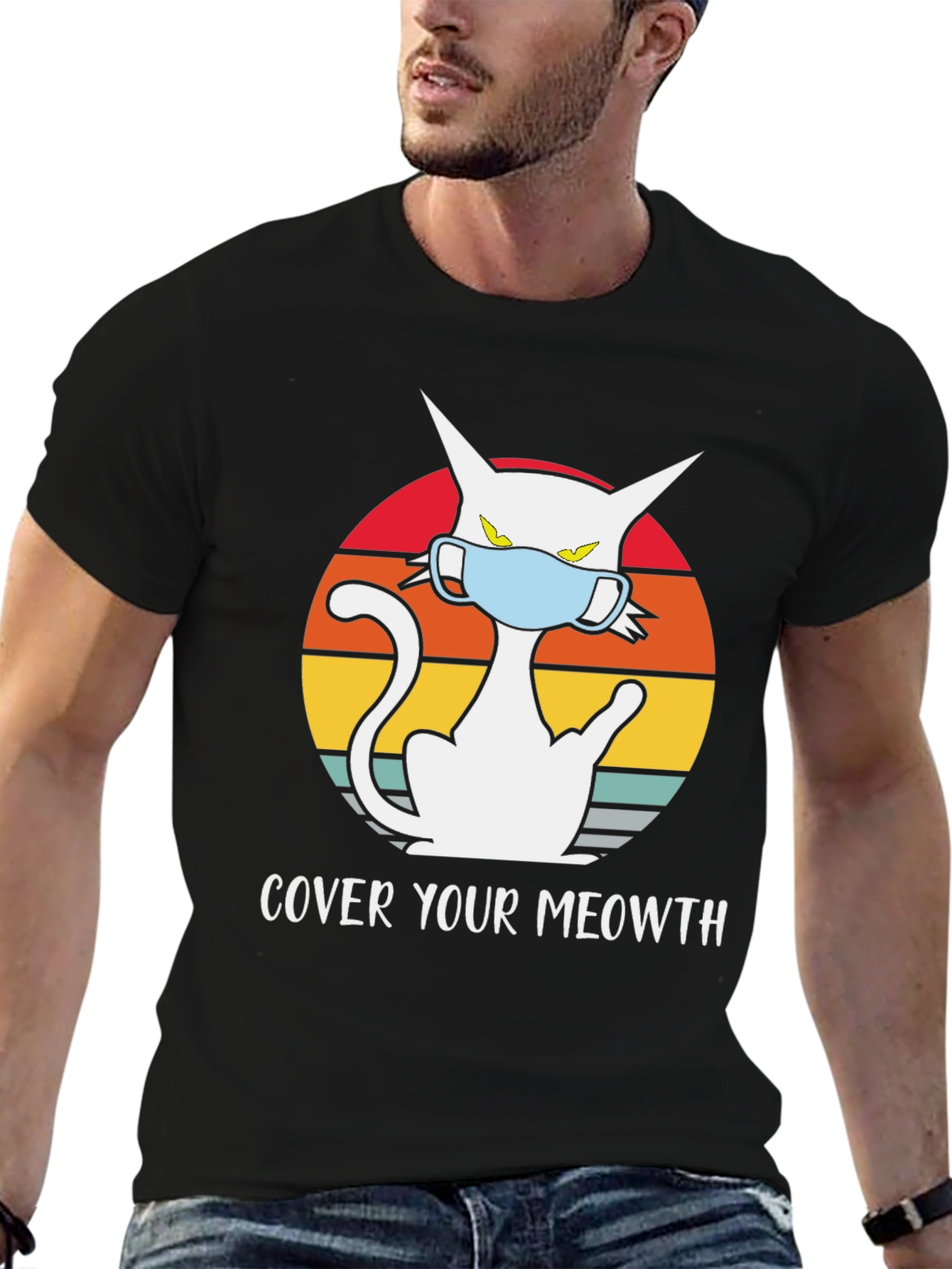 Black Cover Your Meowth T-Shirt - Cat Mask Graphic Tee view 6