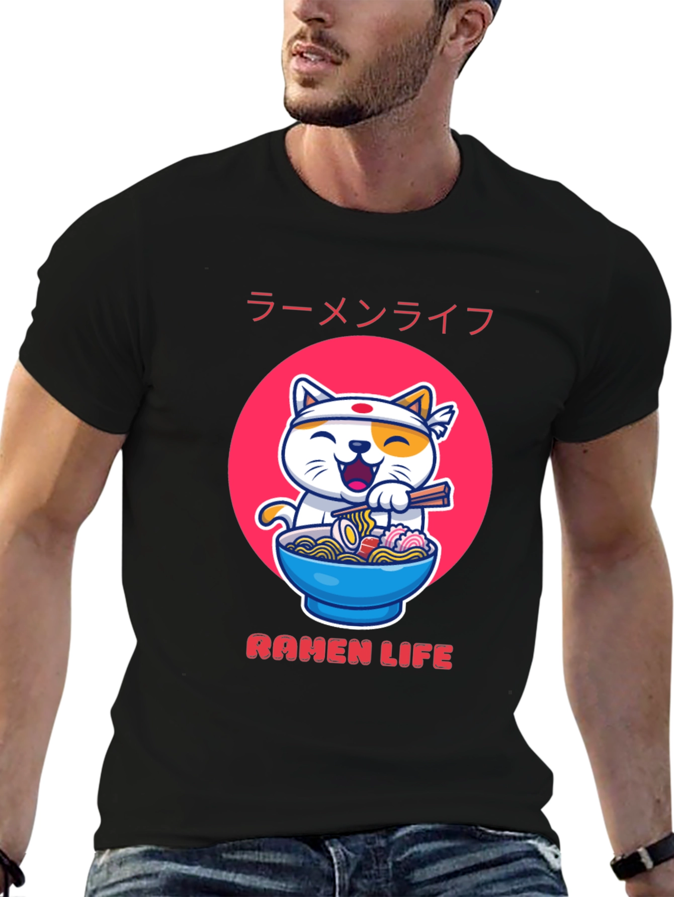 Black Ramen Life Graphic Tee - Cute Cat & Noodles view 6