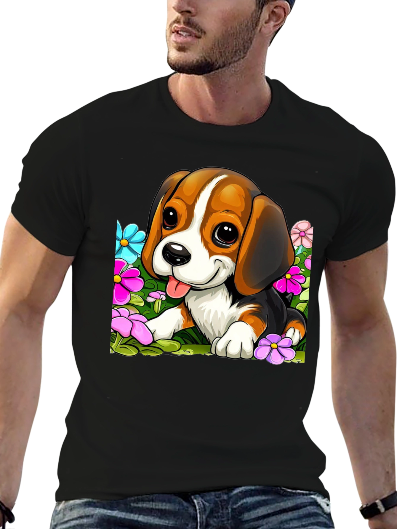 Black Cute Beagle Puppy in Flowers Black T-Shirt view 6