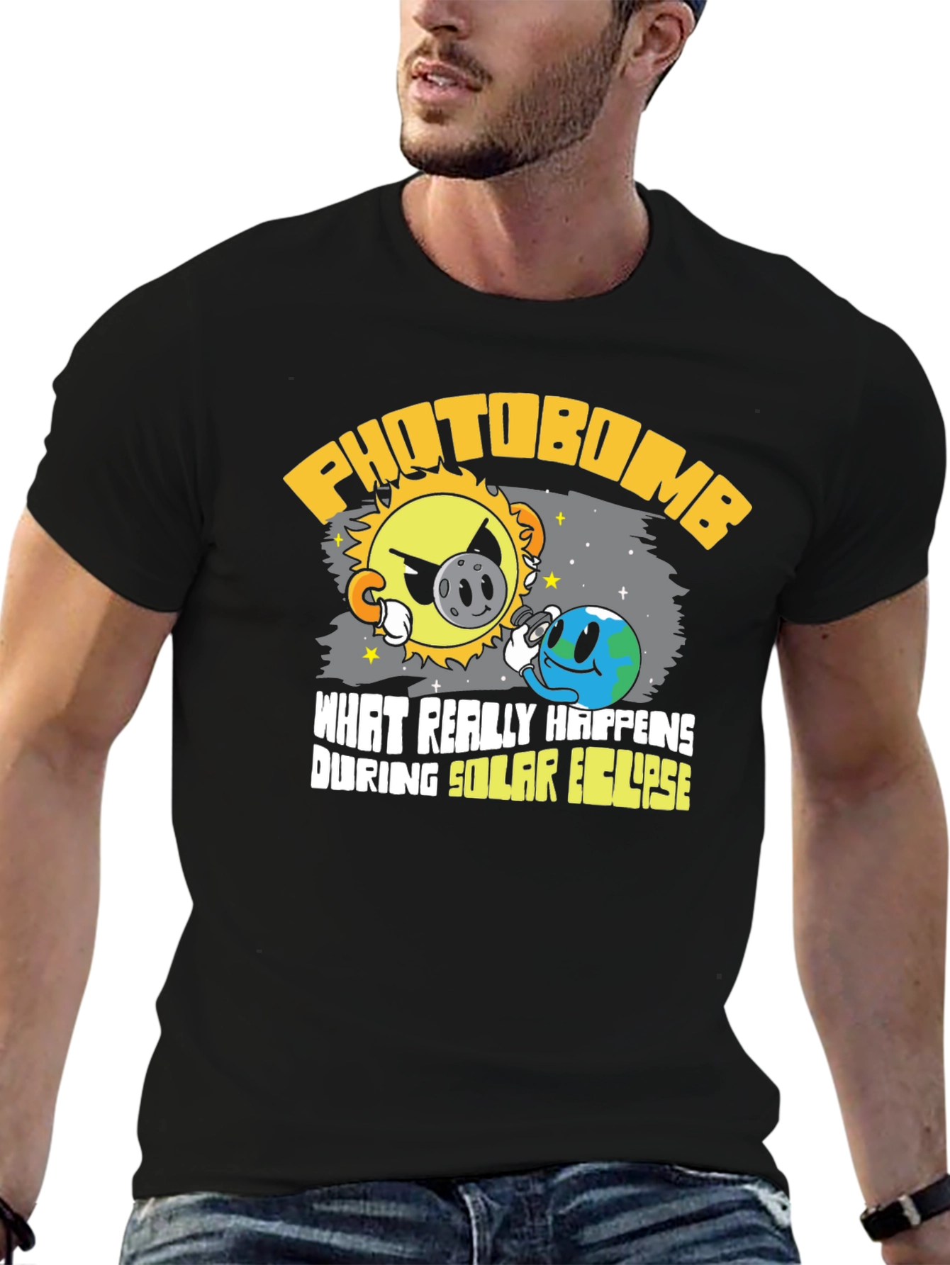 Black Funny Solar Eclipse Photobomb Cartoon Graphic T-Shirt view 6