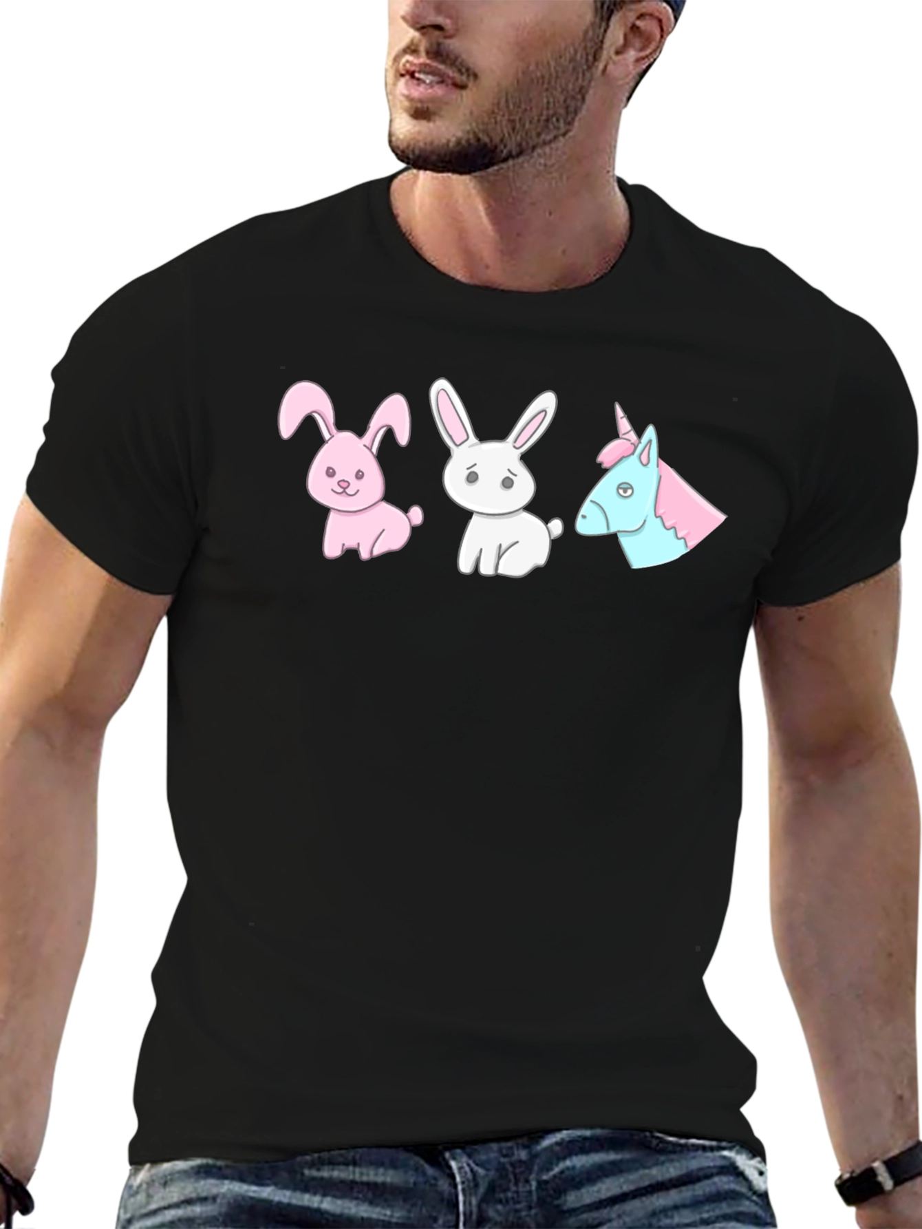 Black Novelty Cartoon Bunny & Unicorn Print Black T-Shirt view 6