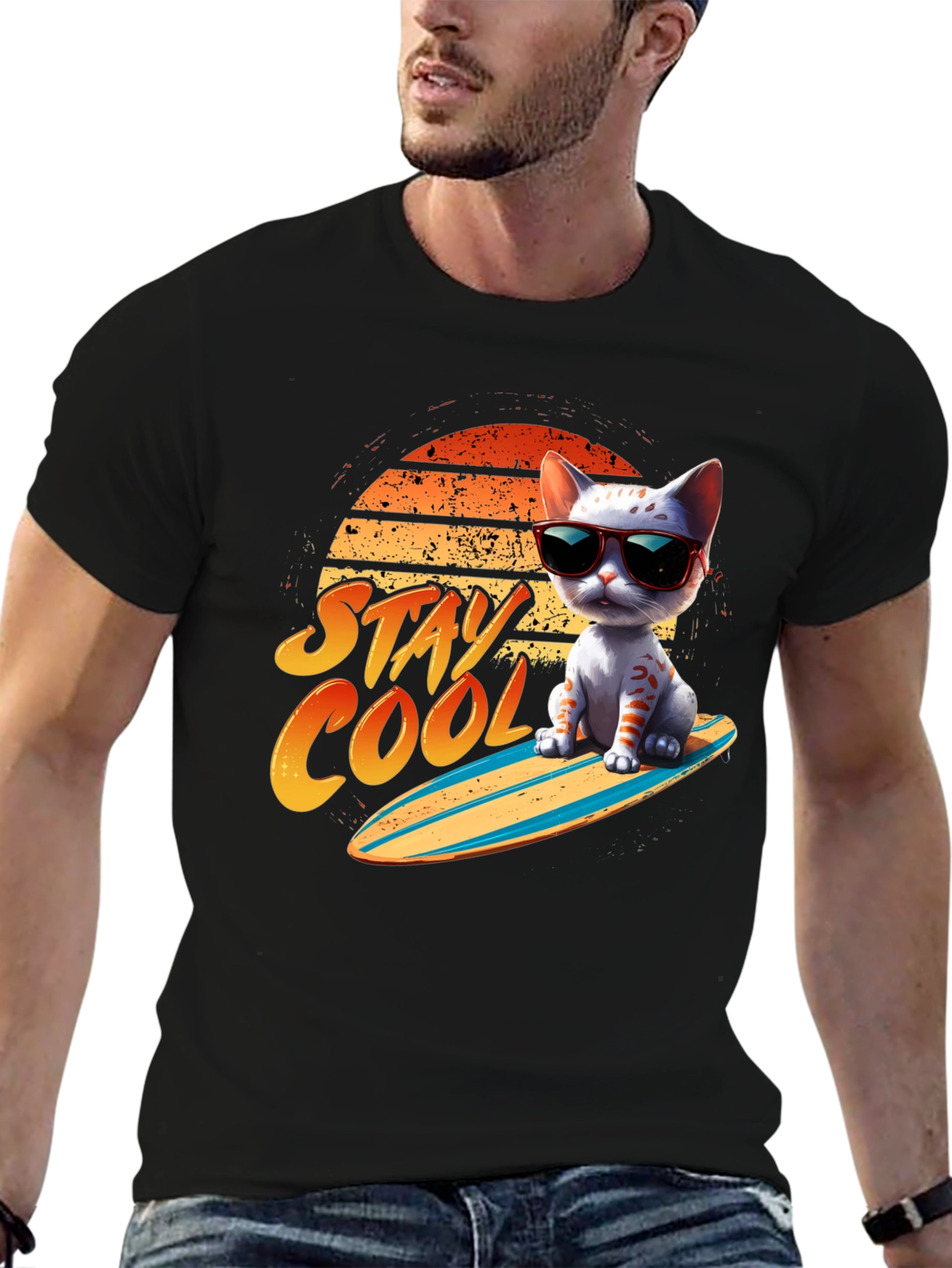 Black Cool Cat Surfboard T-Shirt view 6
