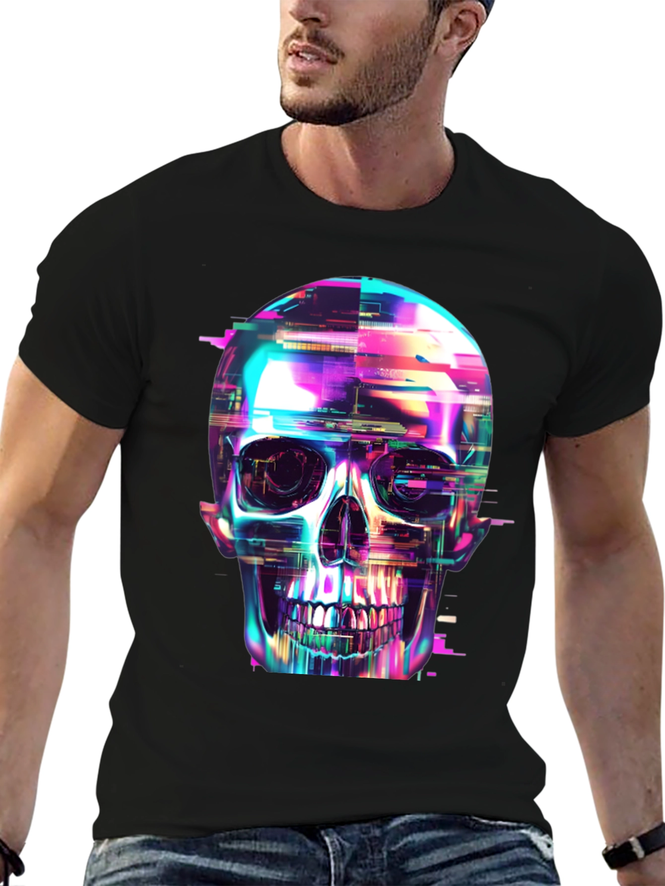 Black Cyberpunk Skull Graphic Tee - Black Cotton T-Shirt view 6