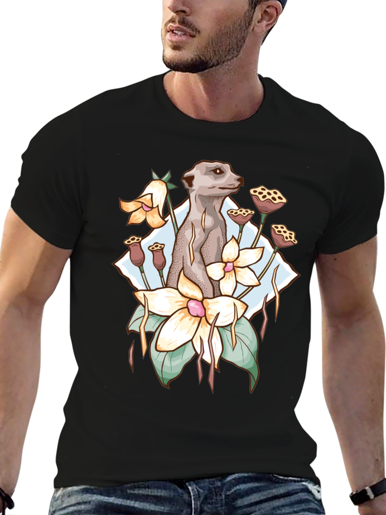 Black Meerkat & Floral Design Tee view 6