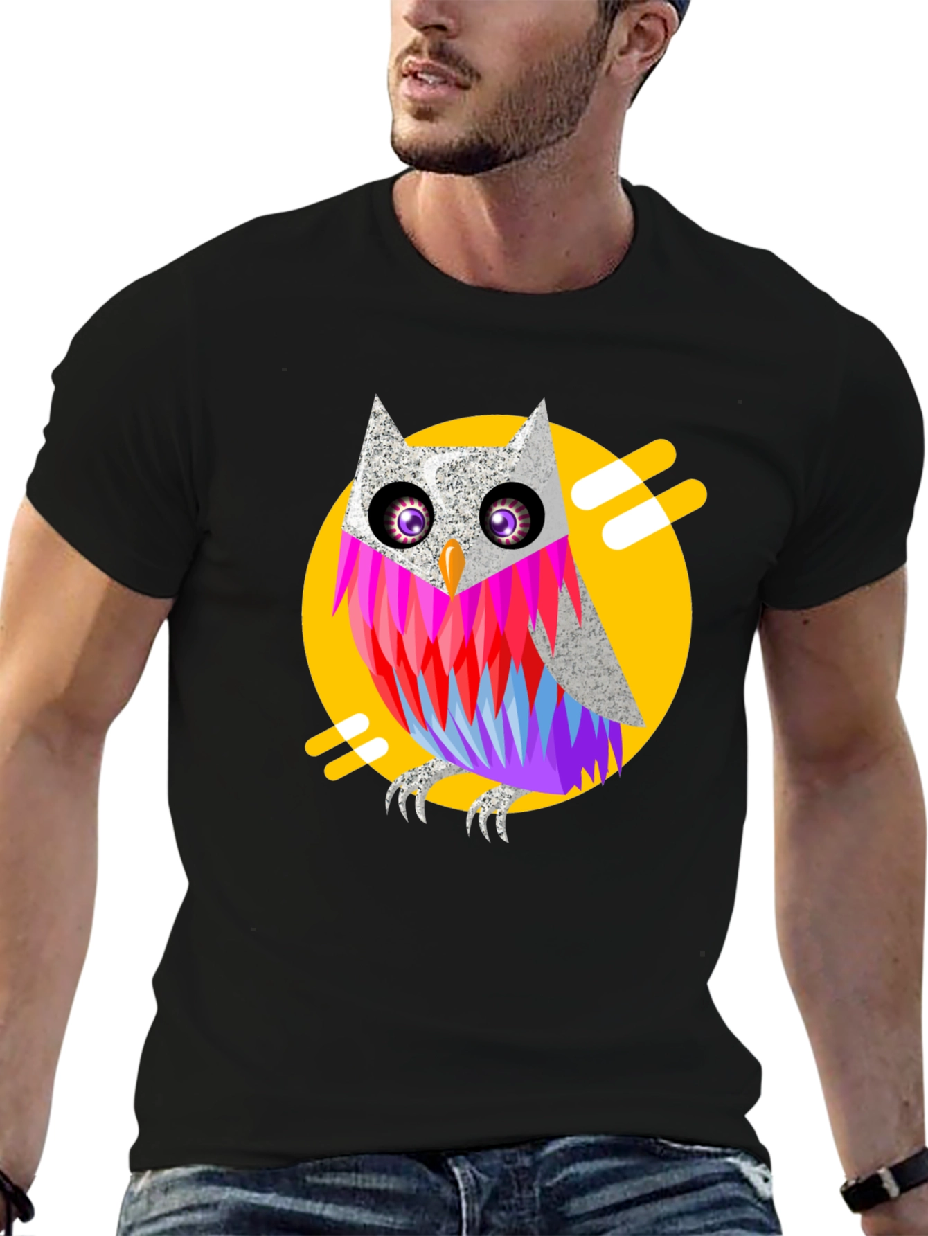 Black Cool Owl Graphic Print Black T-Shirt view 6