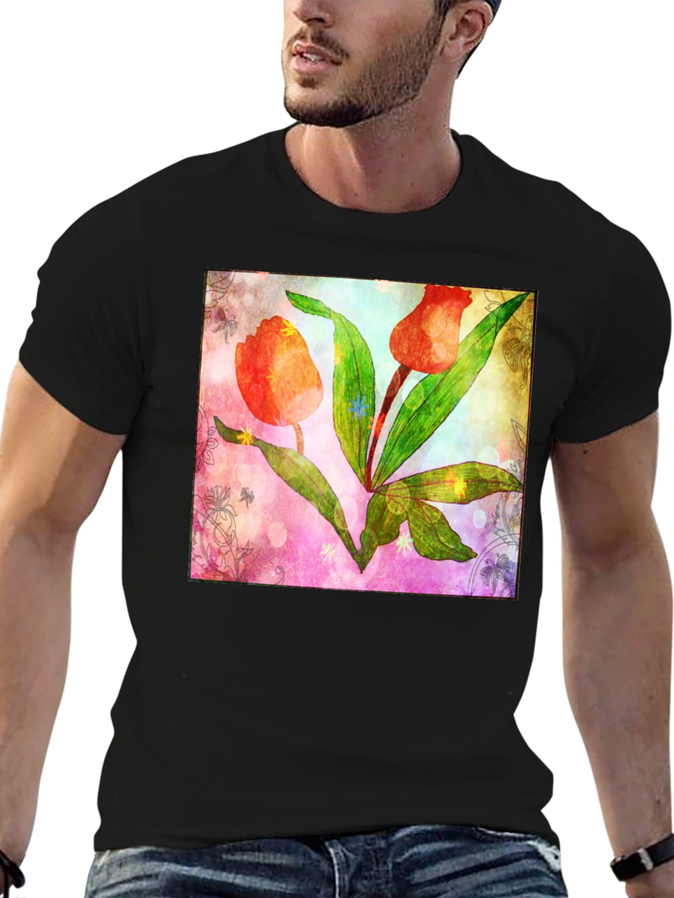 Black Floral Tulip Graphic T-Shirt view 6