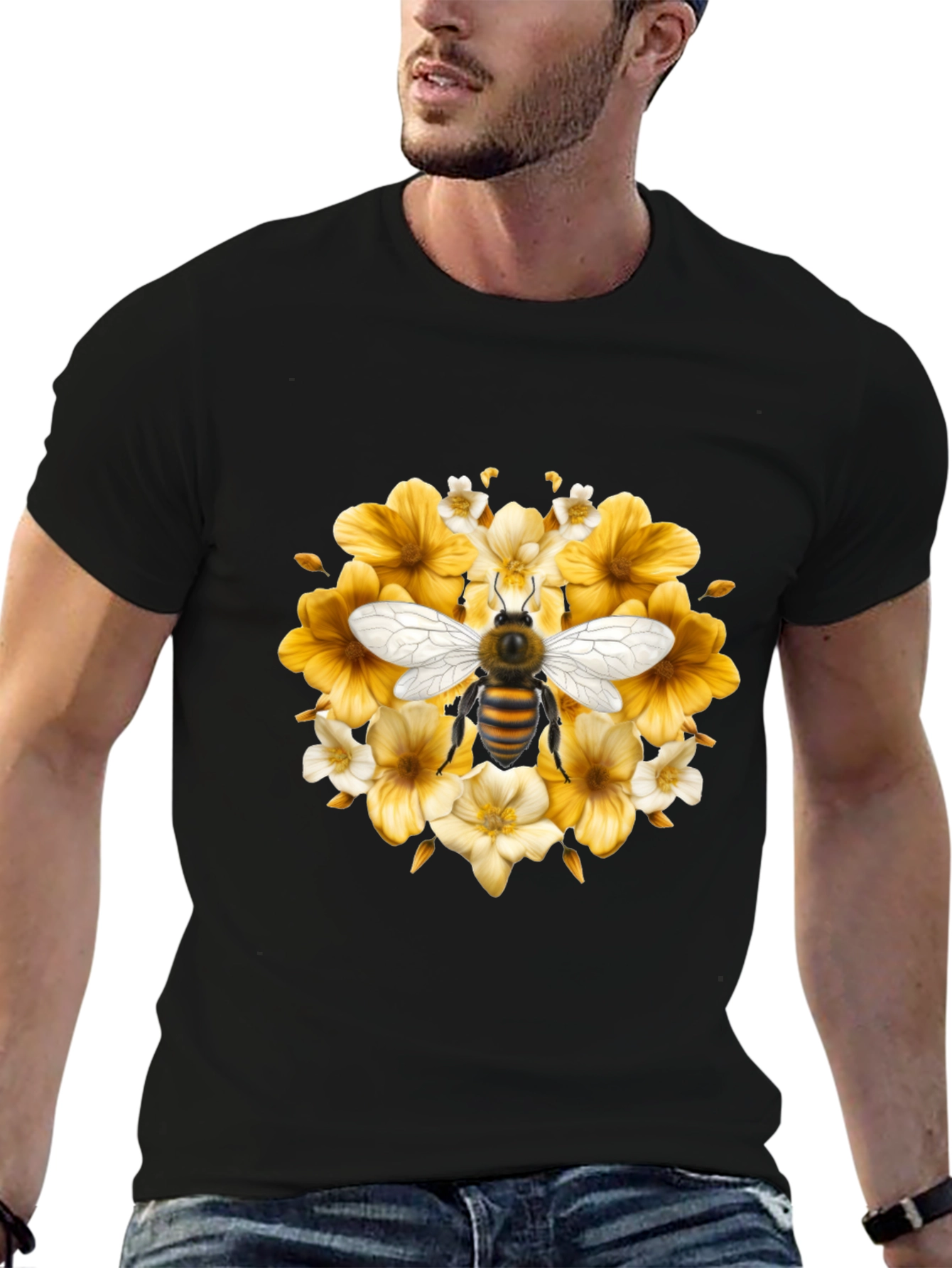 Black Bee & Floral Black T-Shirt view 6