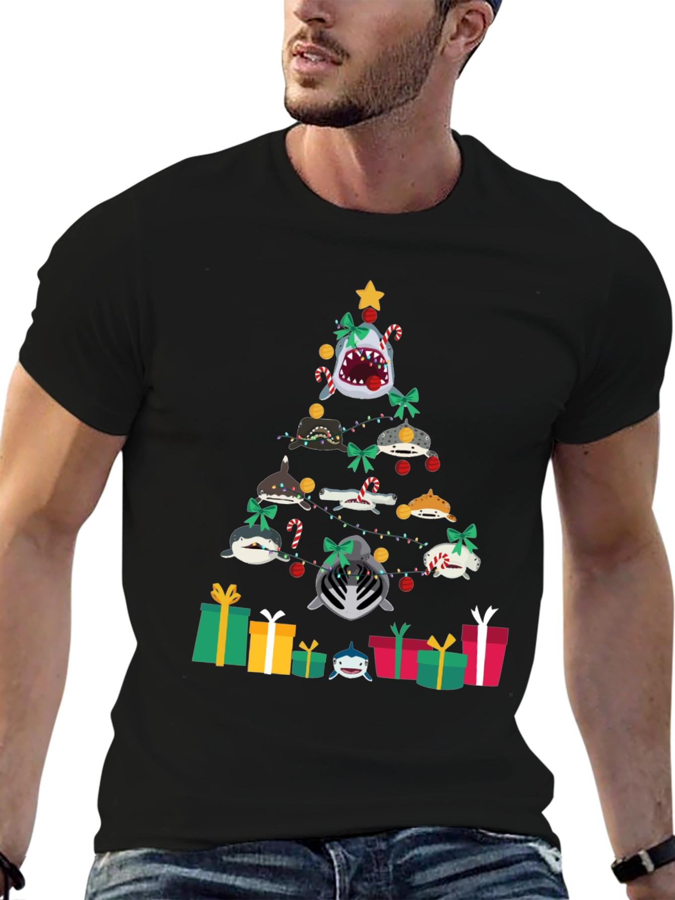 Black Shark Christmas Tree Black T-Shirt view 6