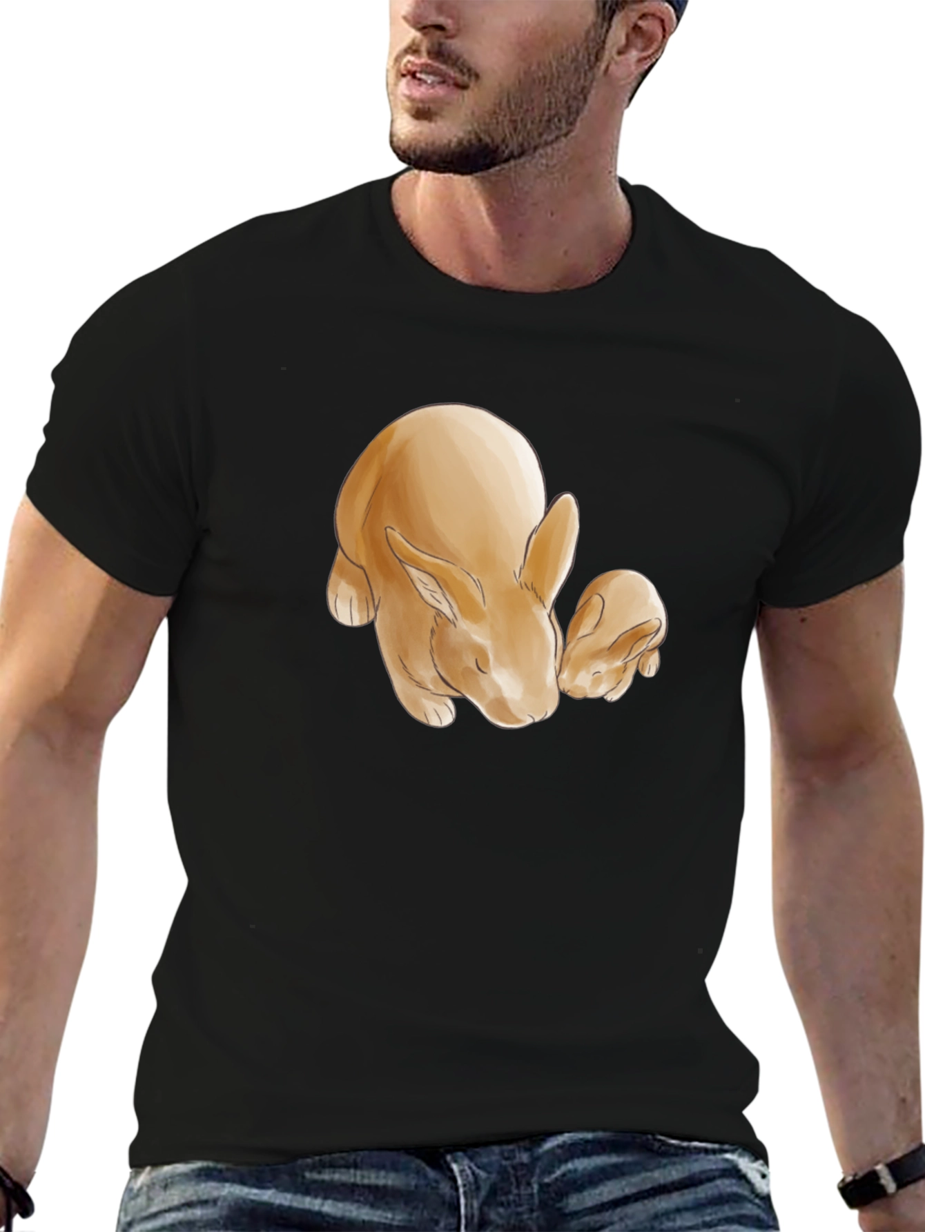 Black Cute Rabbit Print Black T-Shirt view 6