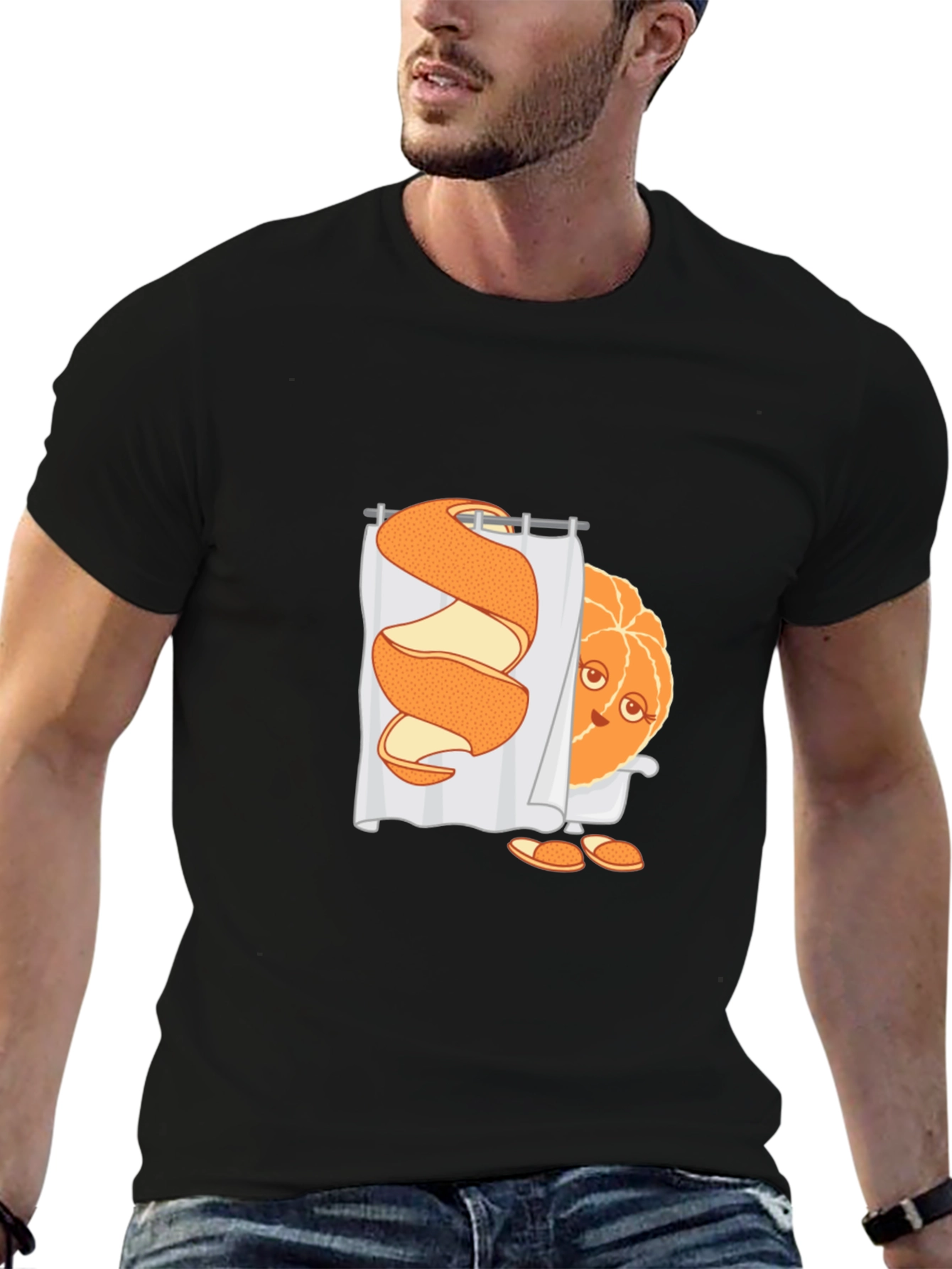 Black Funny Orange Peel Shower Cartoon Graphic T-Shirt view 6