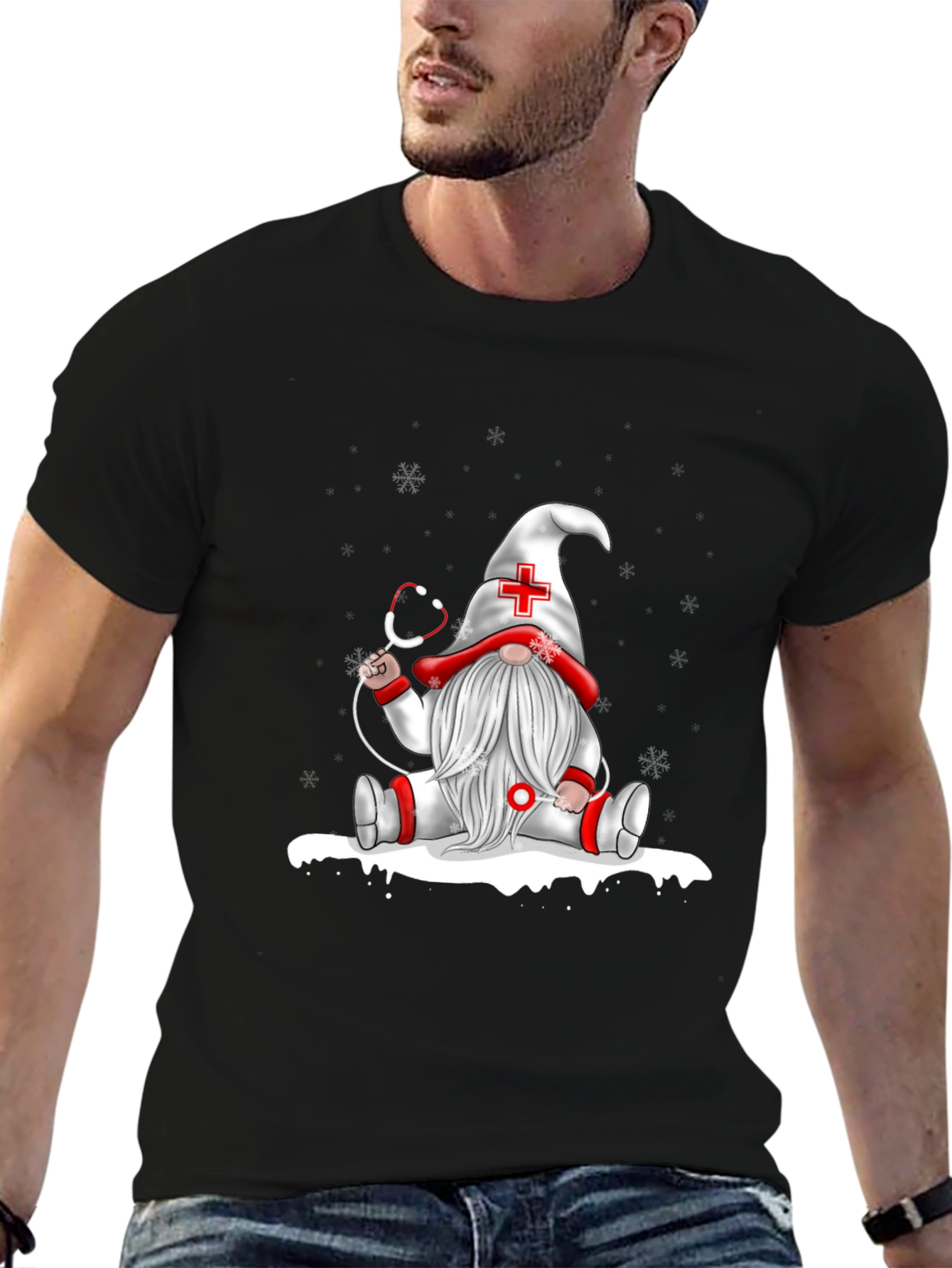 Black Nurse Gnome T-Shirt - Holiday Gift view 6