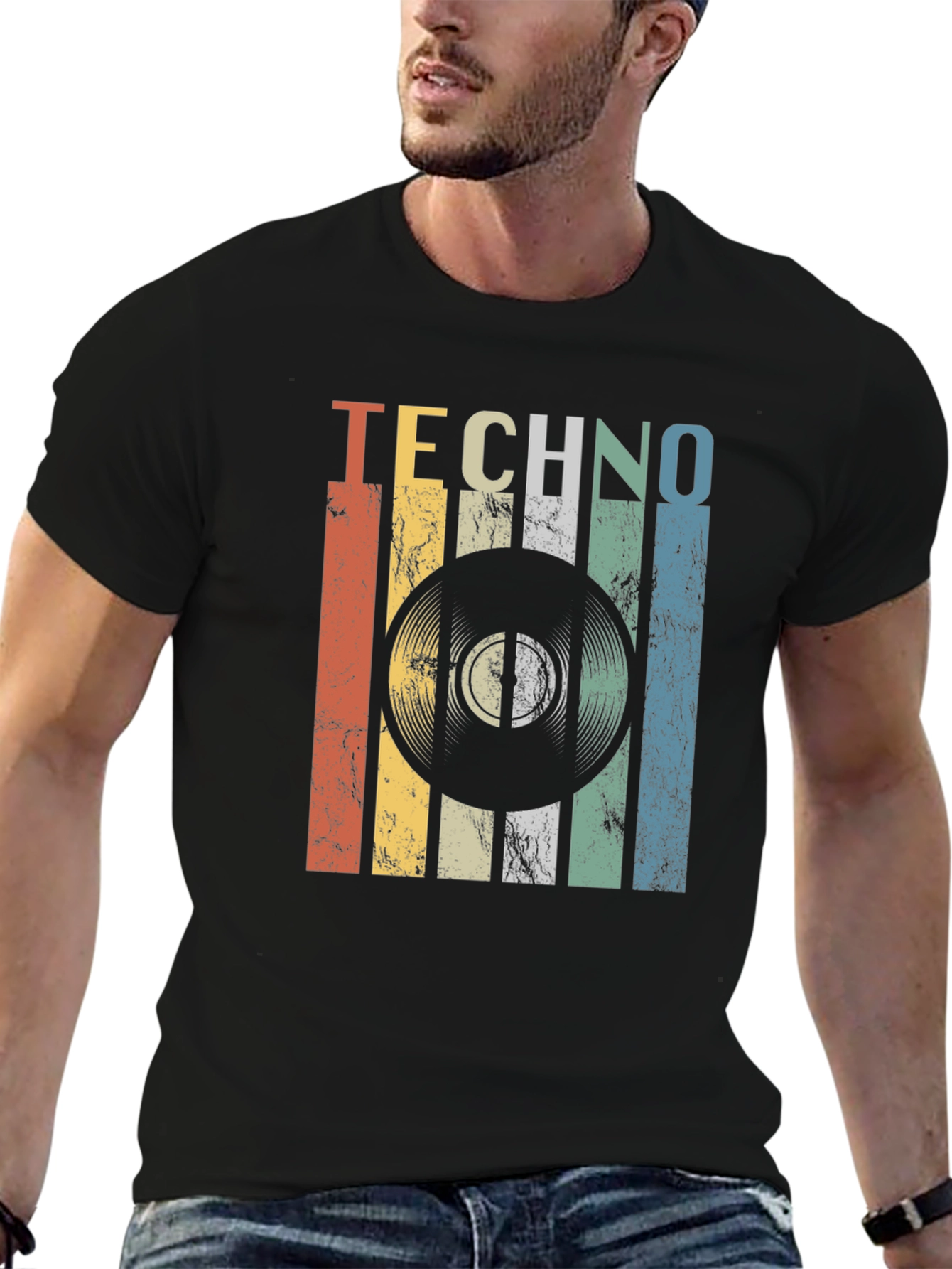 Black Retro Techno Record Graphic T-Shirt view 6