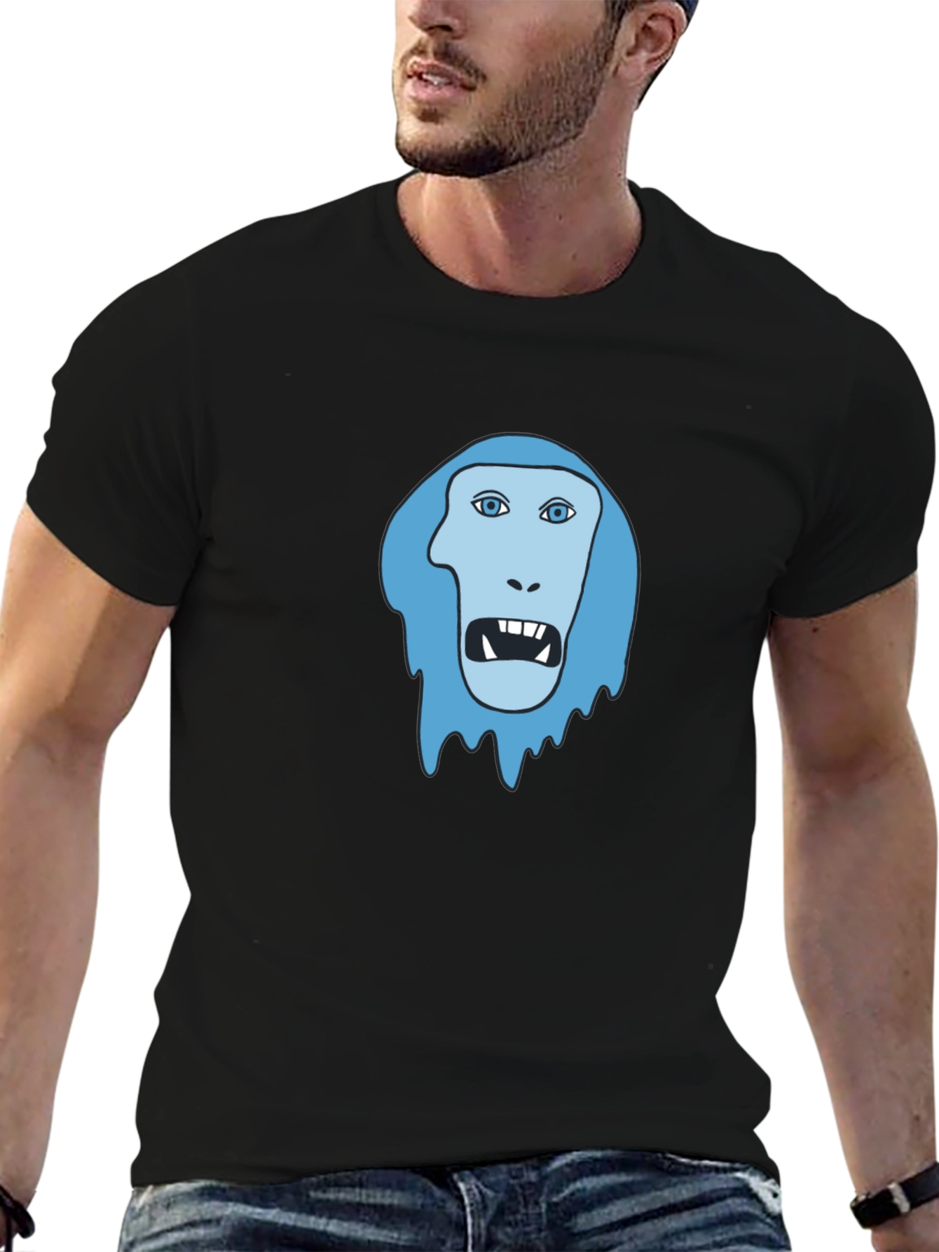 Black Men's Black T-Shirt - Blue Monster Face Graphic view 6