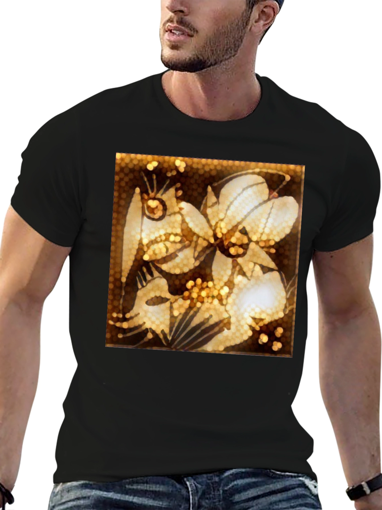 Black Floral Art Print Black T-Shirt view 6
