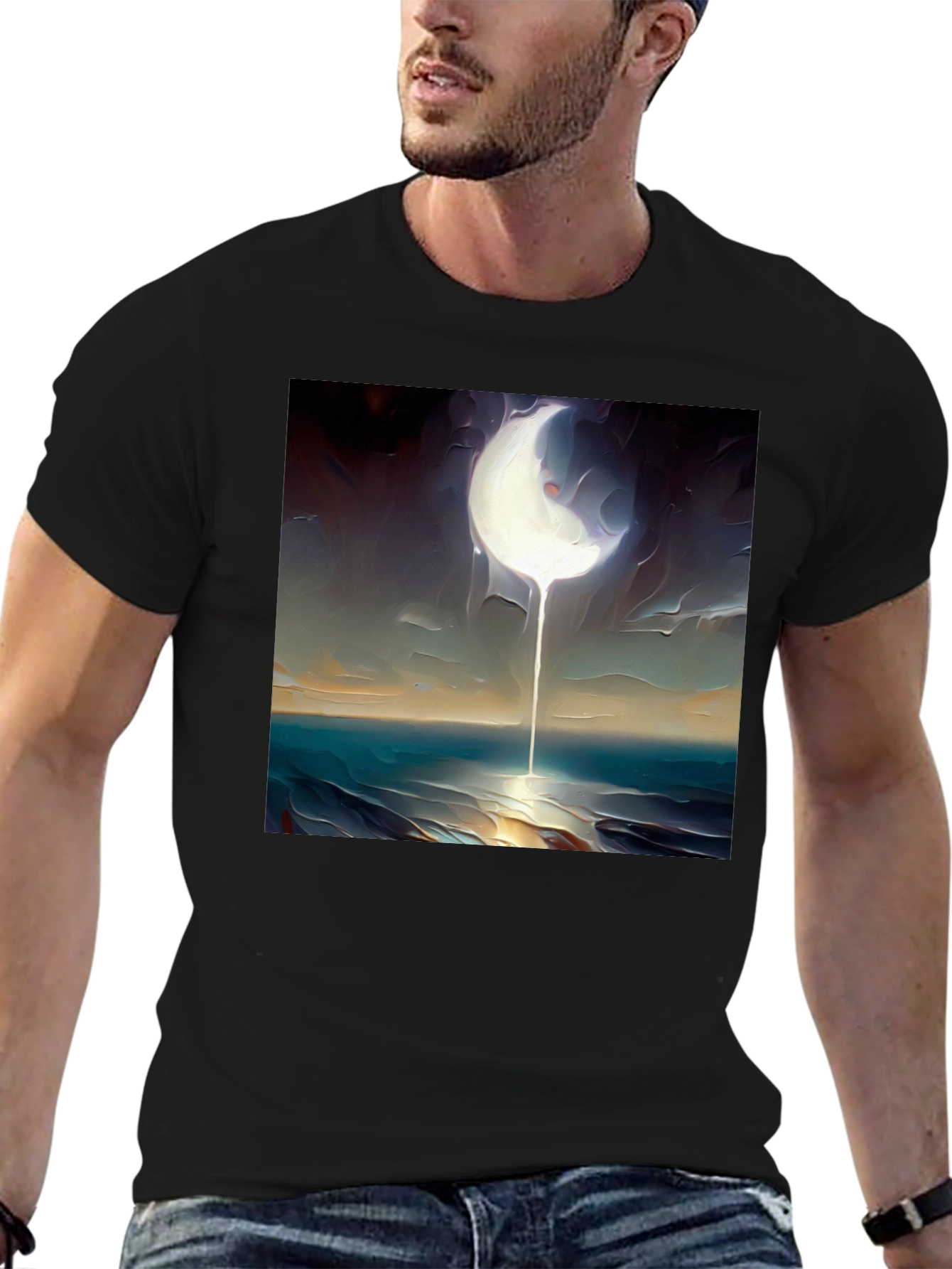 Black Abstract Moonscape Graphic Tee - Black Cotton Casual view 6