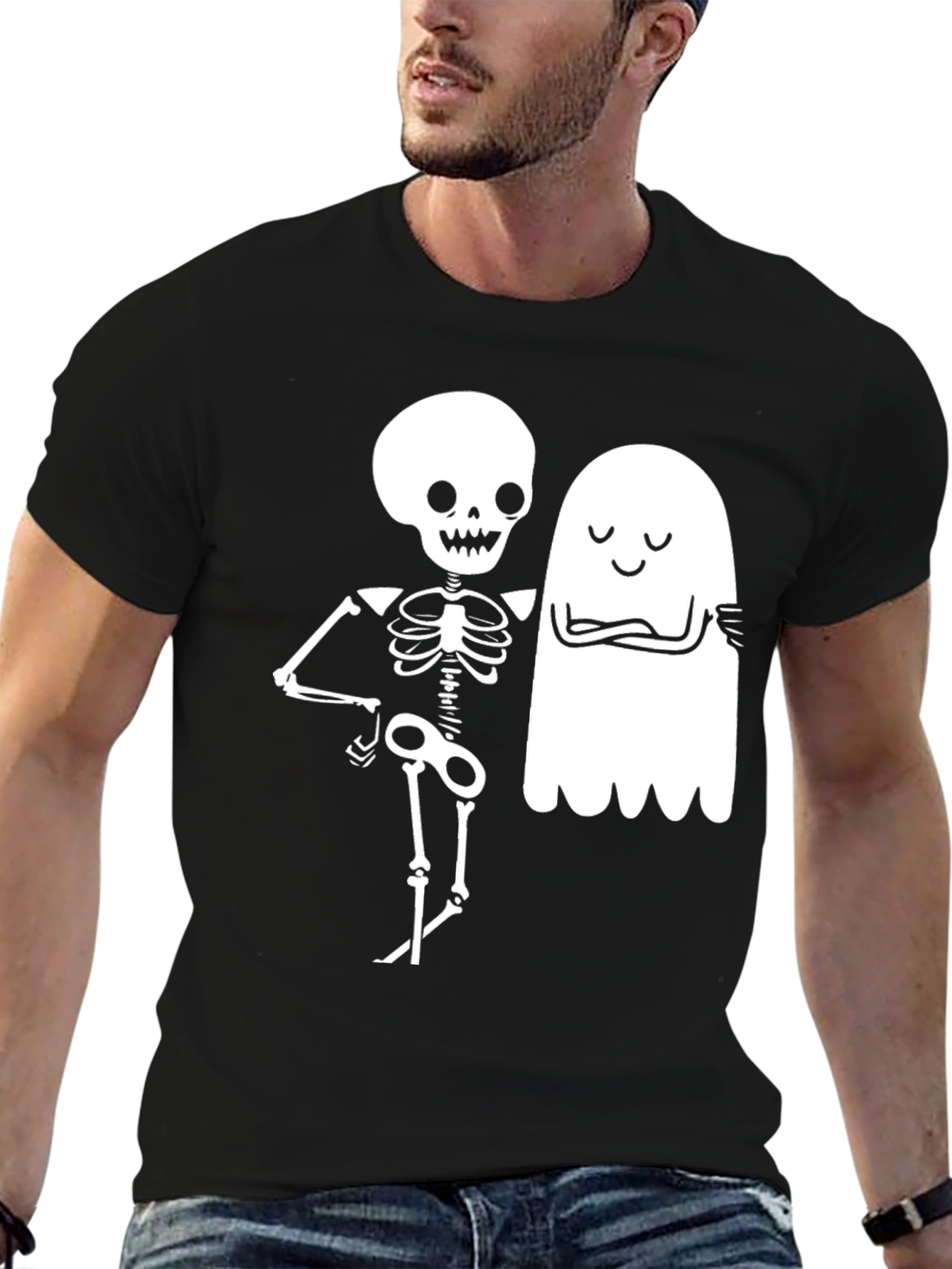 Black Spooky Season Skeleton & Ghost Graphic Tee view 6