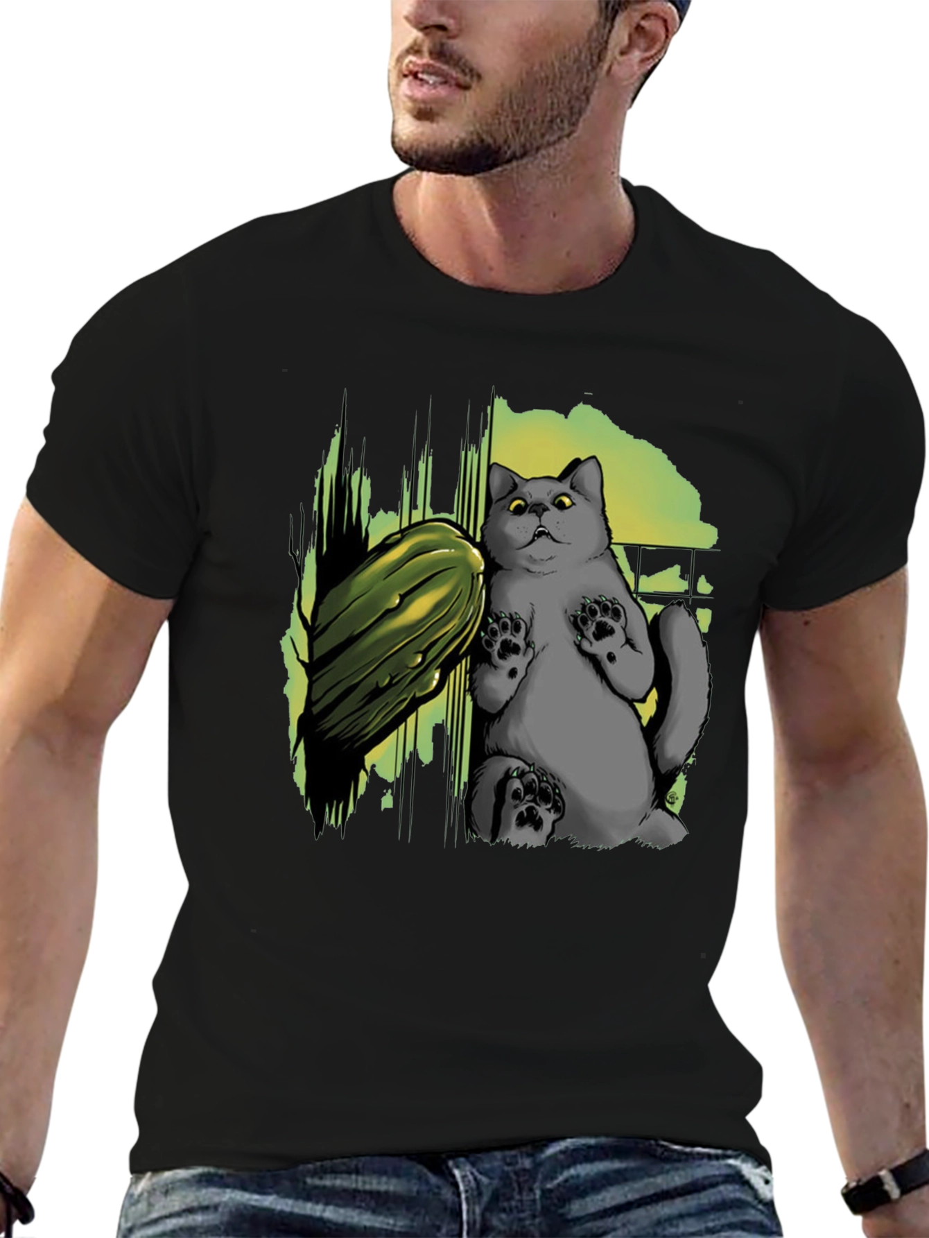 Black Funny Cat & Cucumber Graphic Tee - Black Cotton T-Shirt view 6