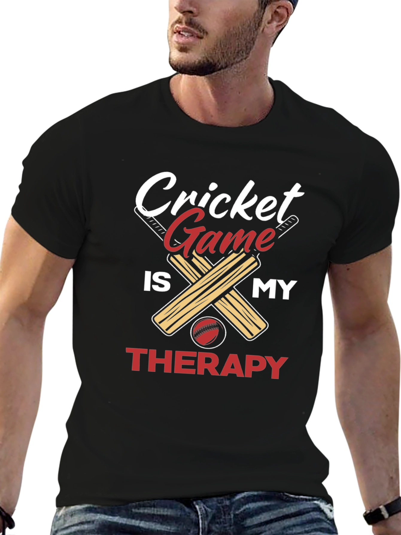 Black Cricket Game is My Therapy Graphic T-Shirt view 6