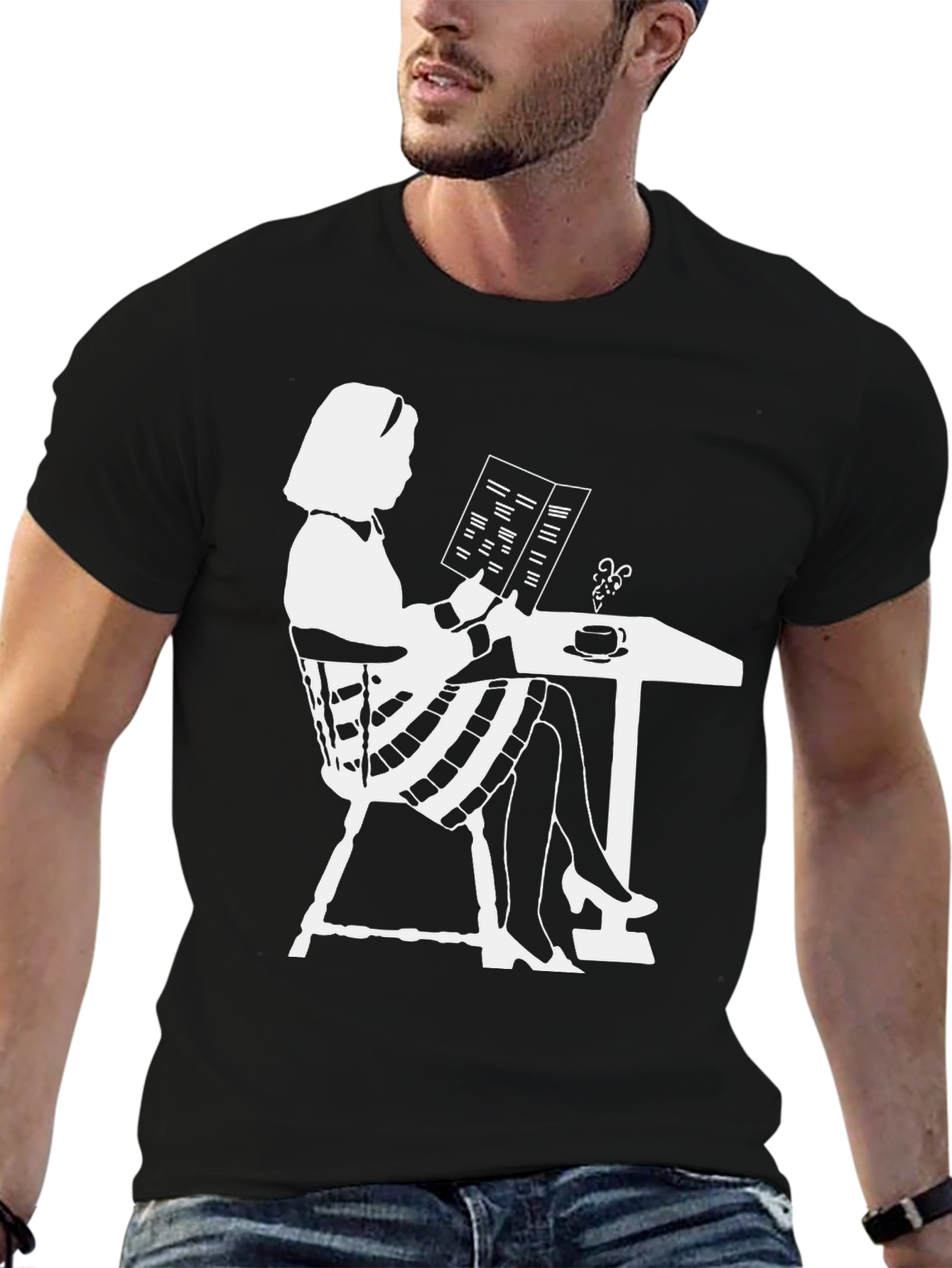 Black Chic Silhouette Tee: Woman Reading at Cafe view 6