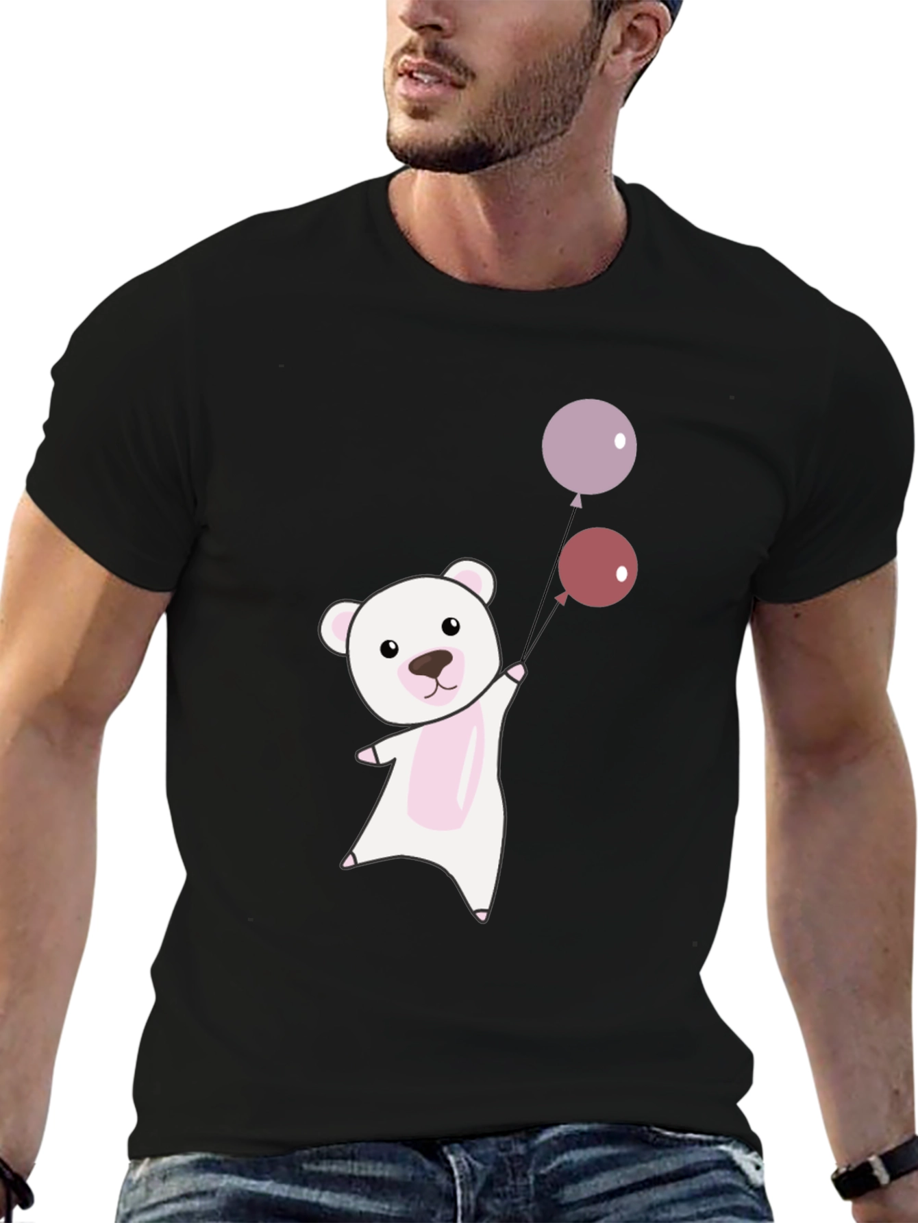 Black Cute Bear with Balloons Graphic Tee - Soft Cotton Comfort view 6