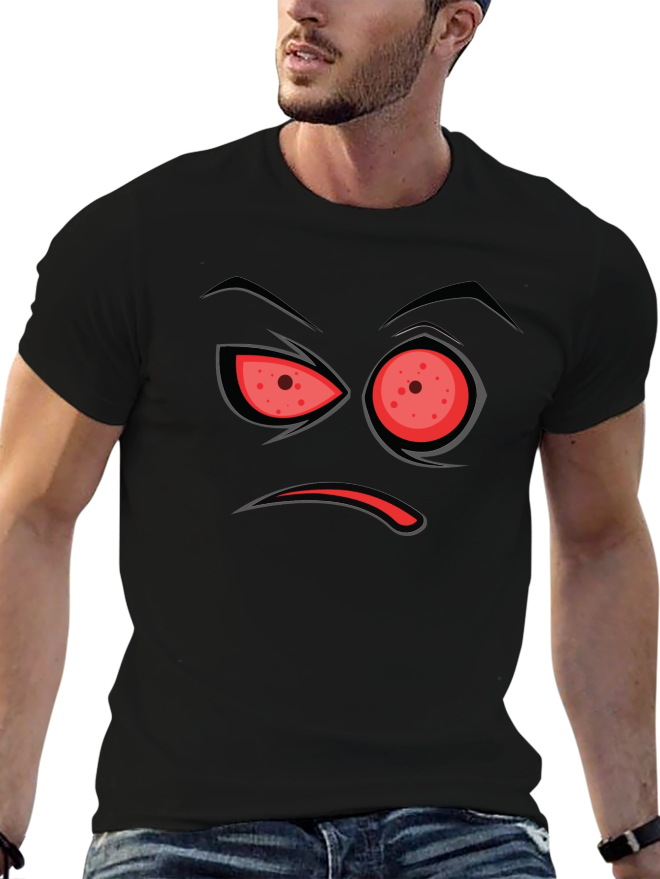Black Men's Black T-Shirt with Angry Face Design view 6