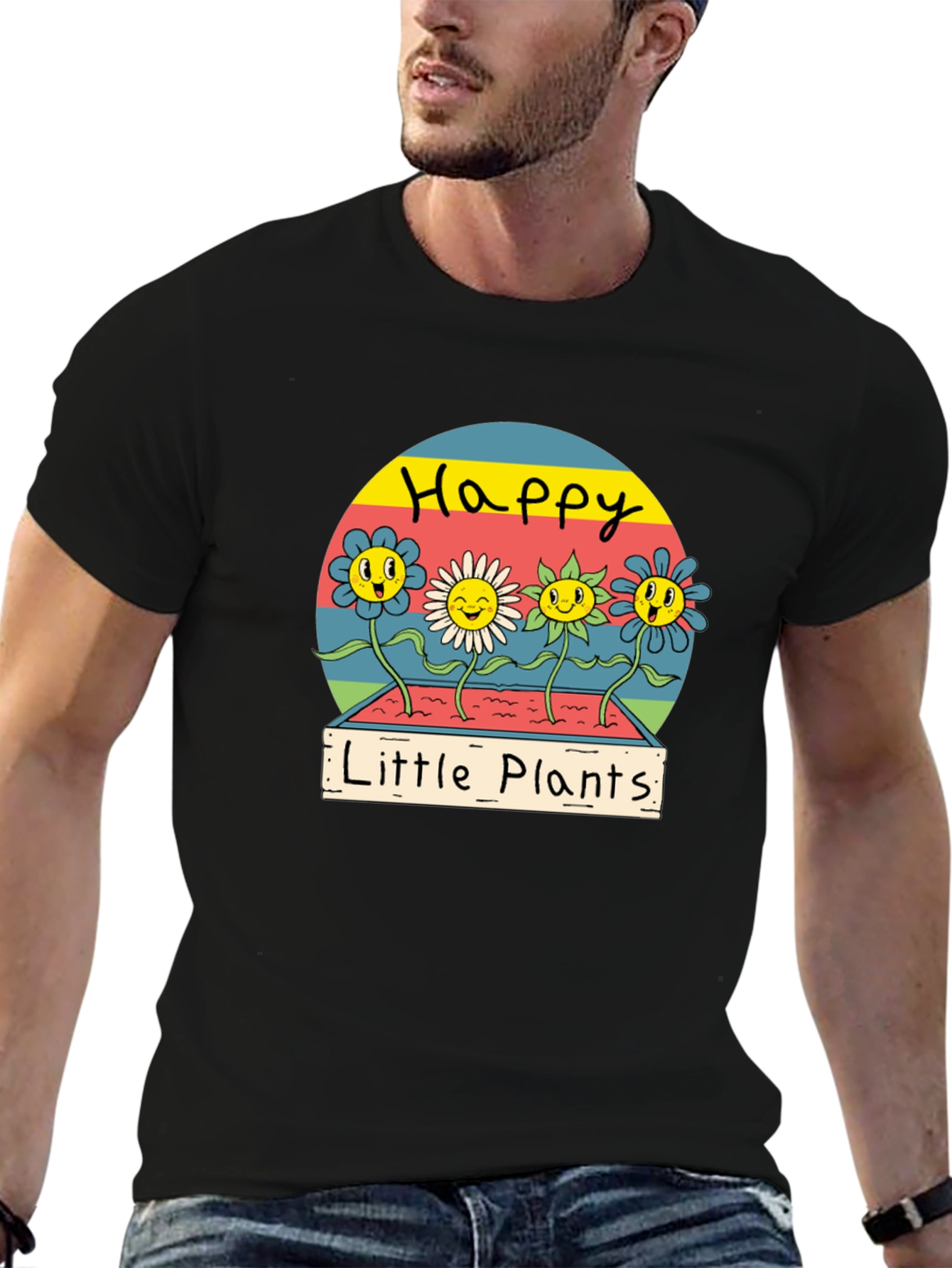 Black Happy Little Plants Graphic Tee - Trendy Unisex T-Shirt view 6