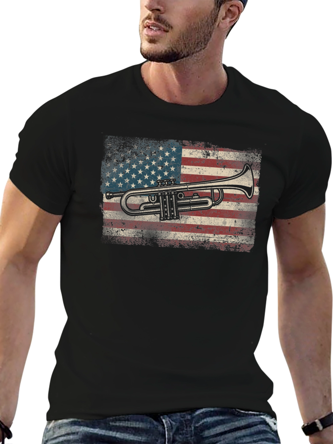 Black Trumpet USA Flag Graphic Tee - Black Cotton T-Shirt view 6