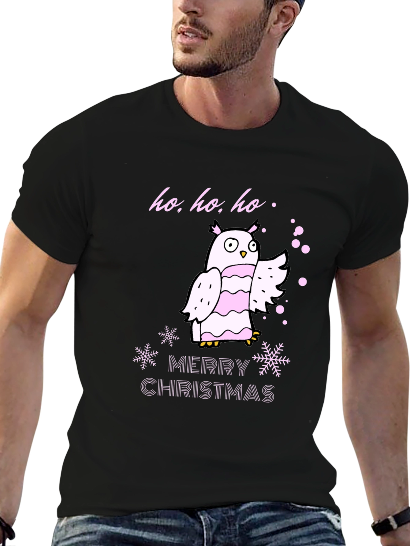 Black Festive Owl Christmas T-Shirt view 6