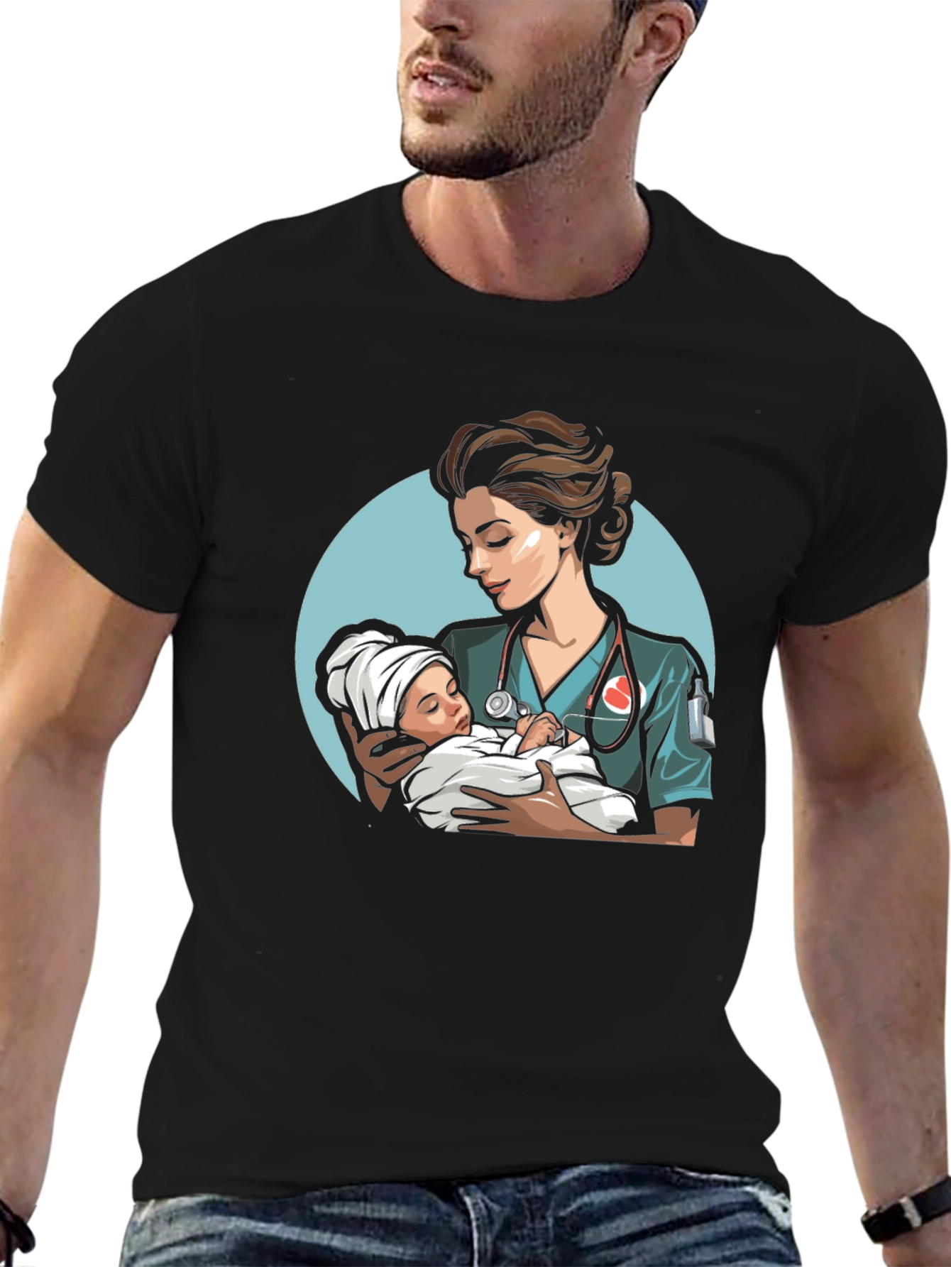 Black Nurse & Baby Graphic Tee - Black Cotton T-Shirt view 6