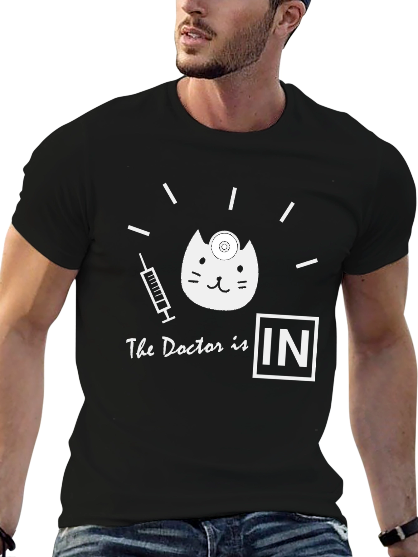 Black Doctor Cat Graphic T-Shirt - Funny Novelty Tee view 6