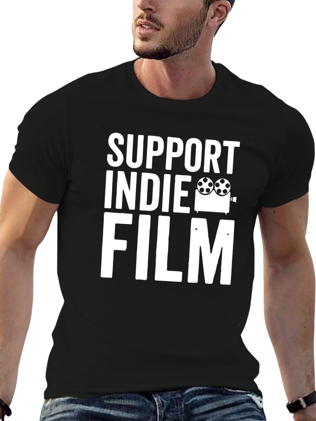 Black Support Indie Film Graphic Tee - Black Cotton T-Shirt view 6