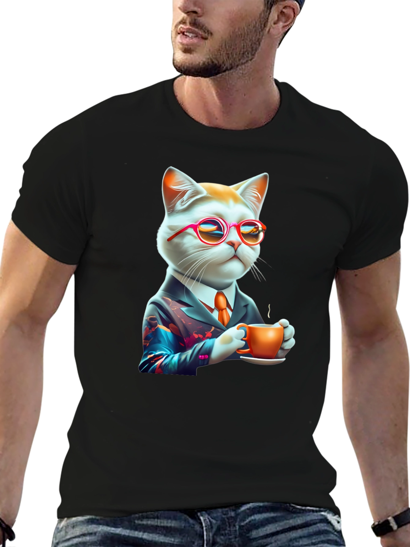 Black Cool Cat T-Shirt - Cat with Coffee view 6