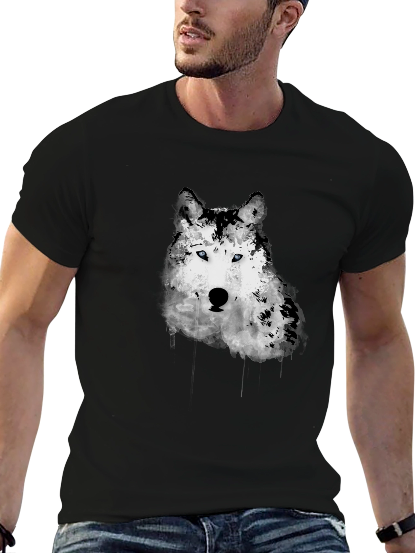 Black Wolf Graphic Print Men's Black T-Shirt view 6