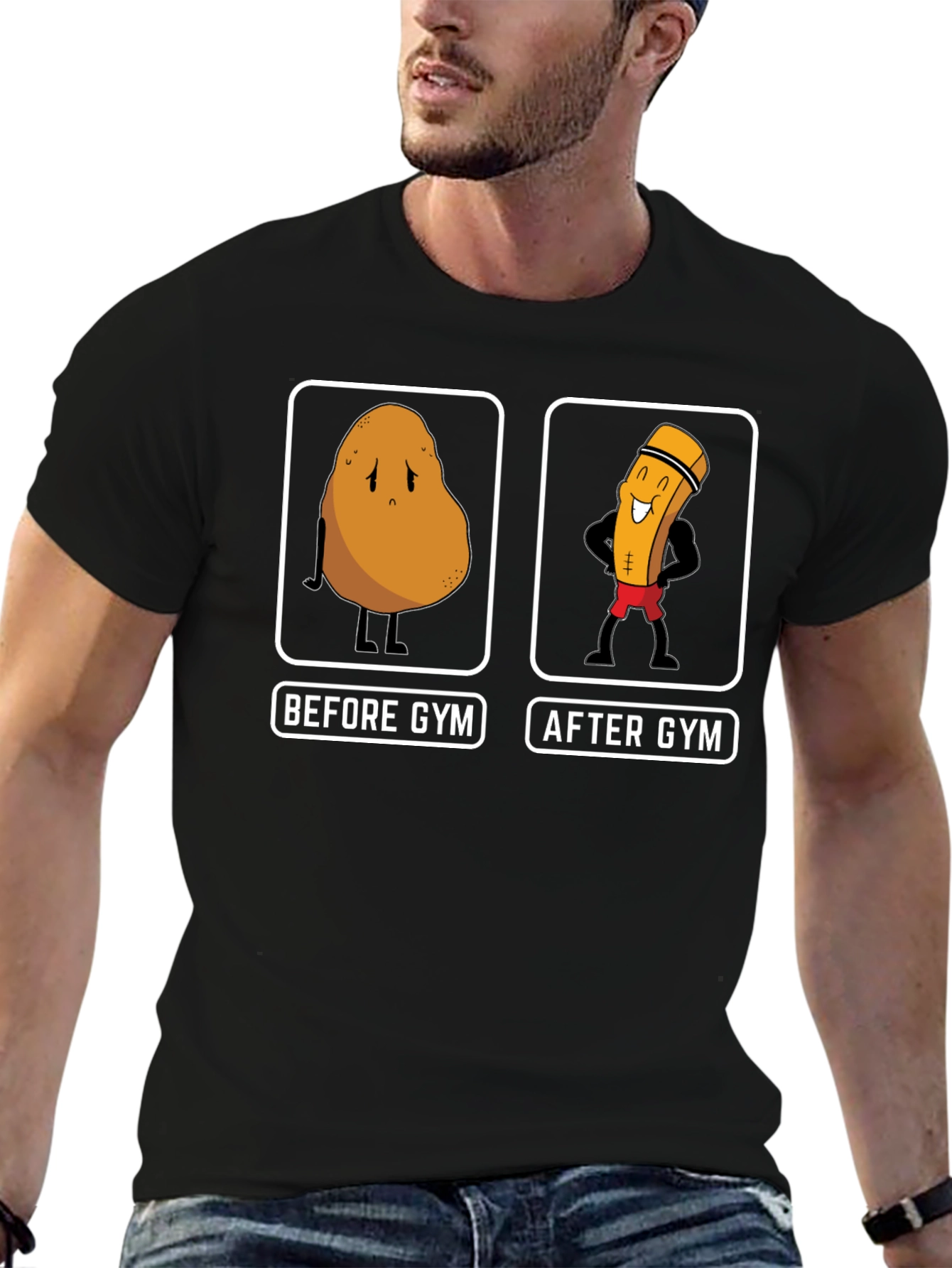 Black Gym Potato Funny Workout T-Shirt view 6