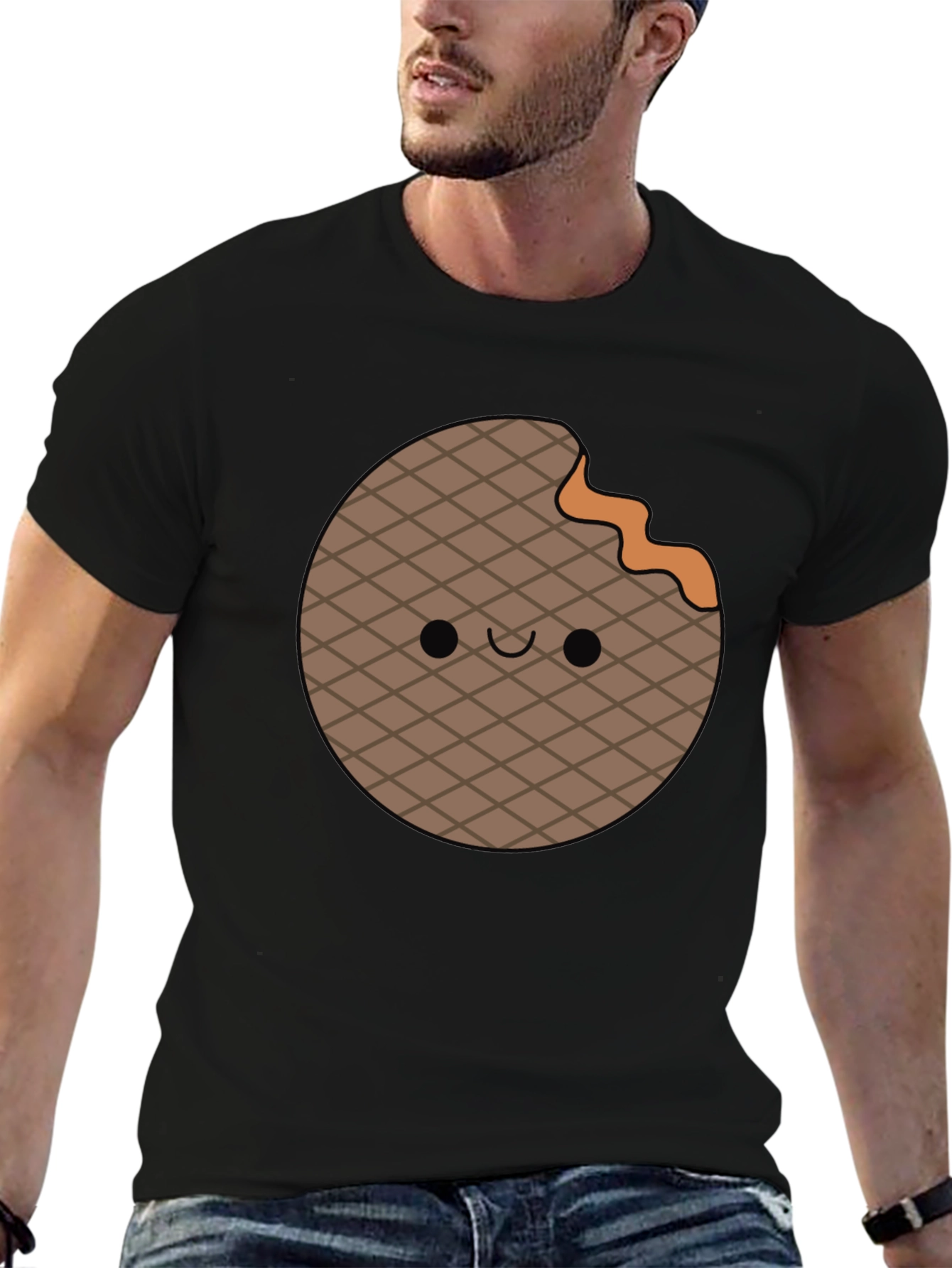 Black Cute Waffle Bite T-Shirt - Fun Foodie Apparel view 6