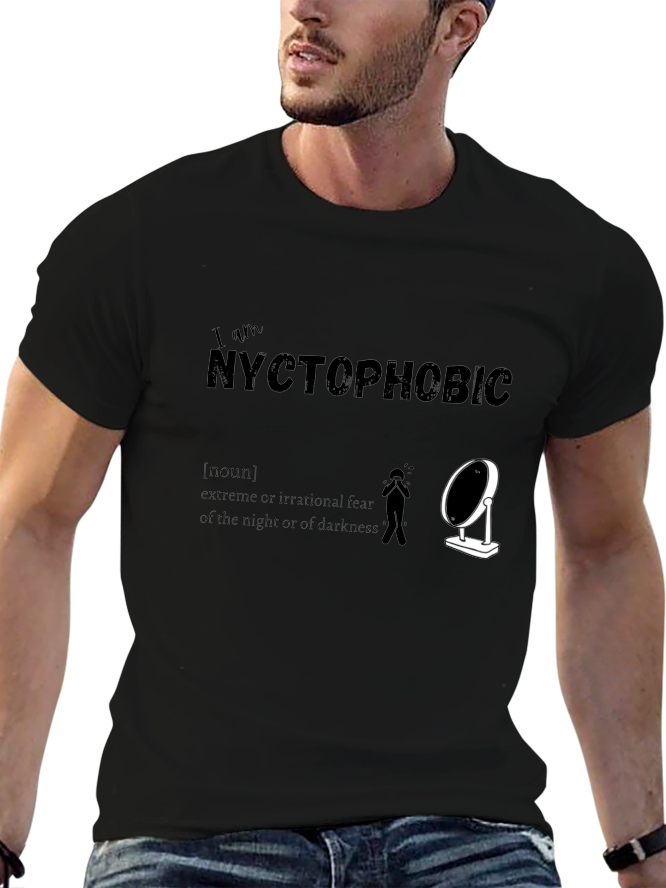 Black Nyctophobic T-Shirt: Fear of the Dark Humor Tee view 6
